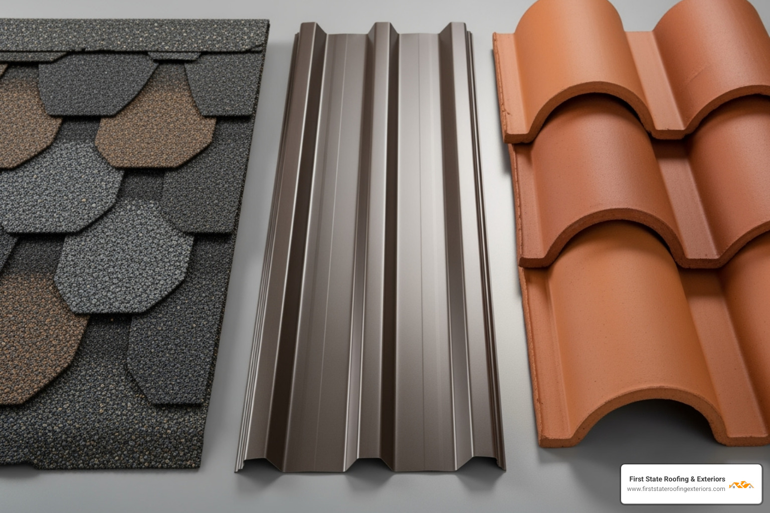 Different roofing material samples like asphalt shingles, metal panels, and tiles - find a roofer