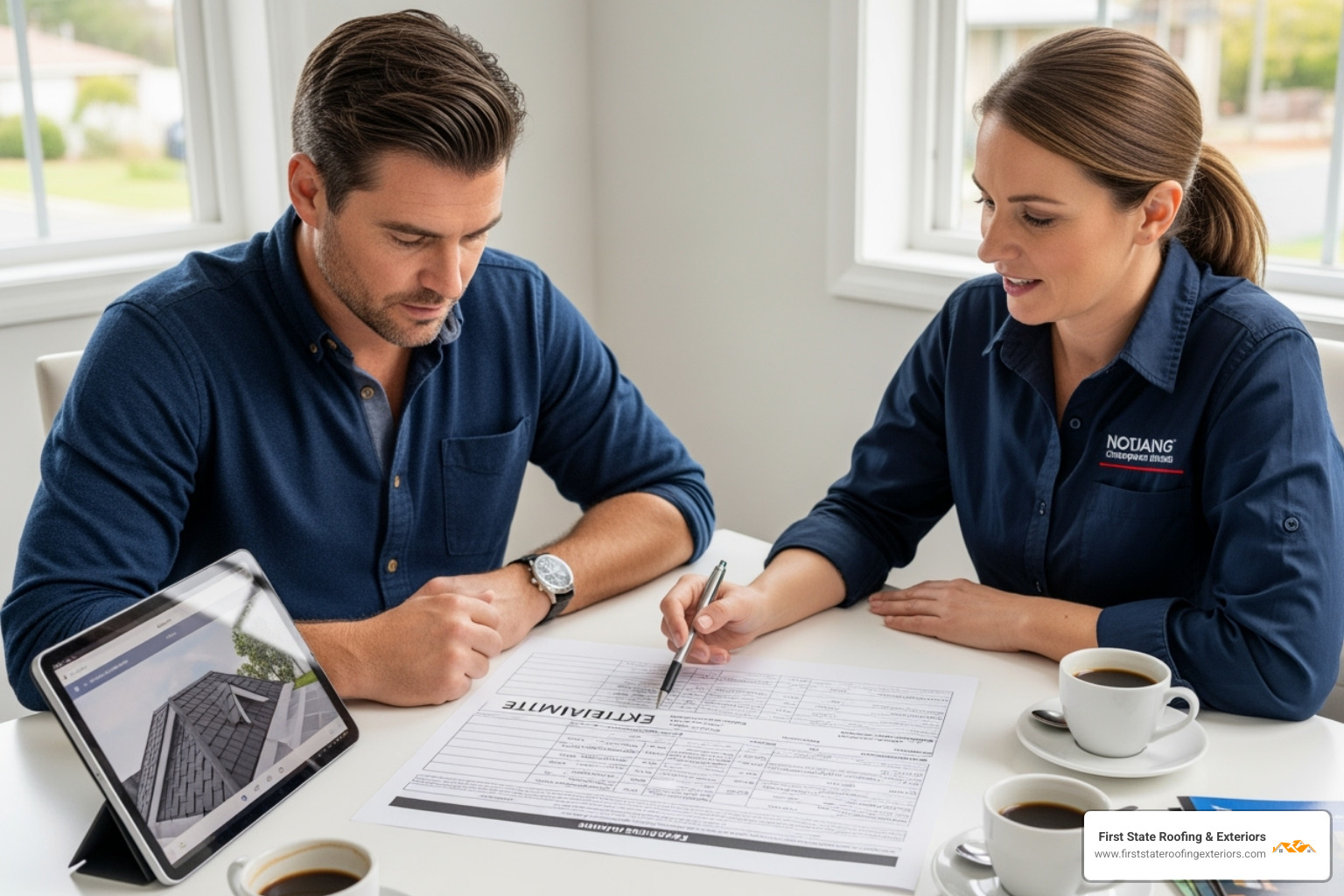 A homeowner reviewing a detailed roofing estimate with a contractor - find a roofer