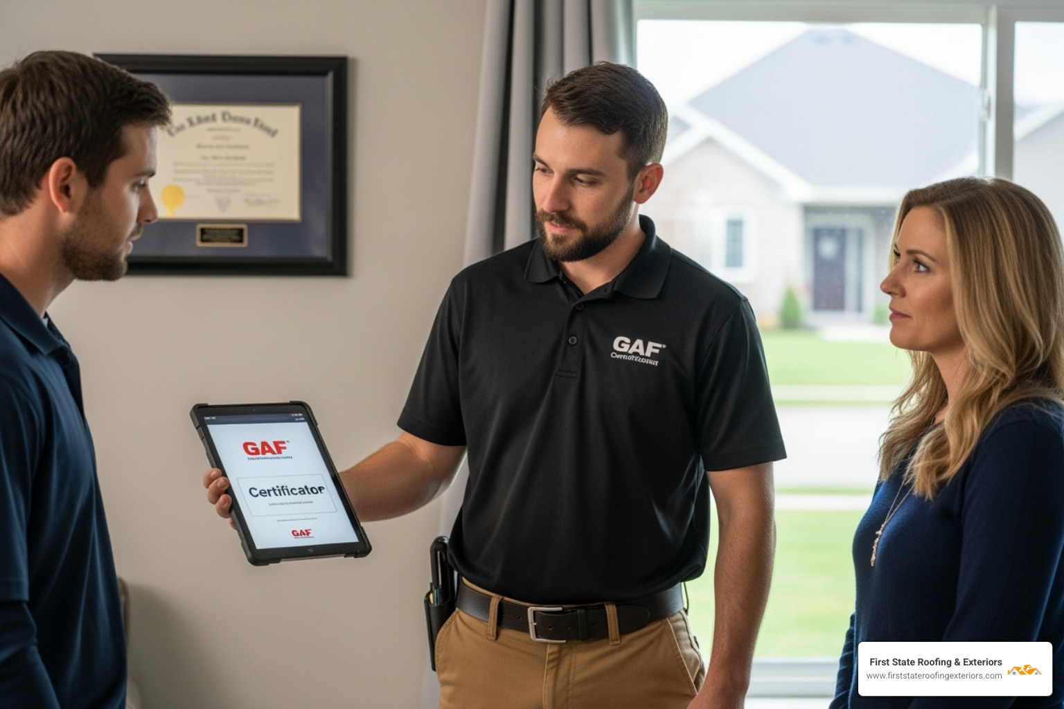 A roofer showing their GAF certification on a tablet to a homeowner - find a roofer
