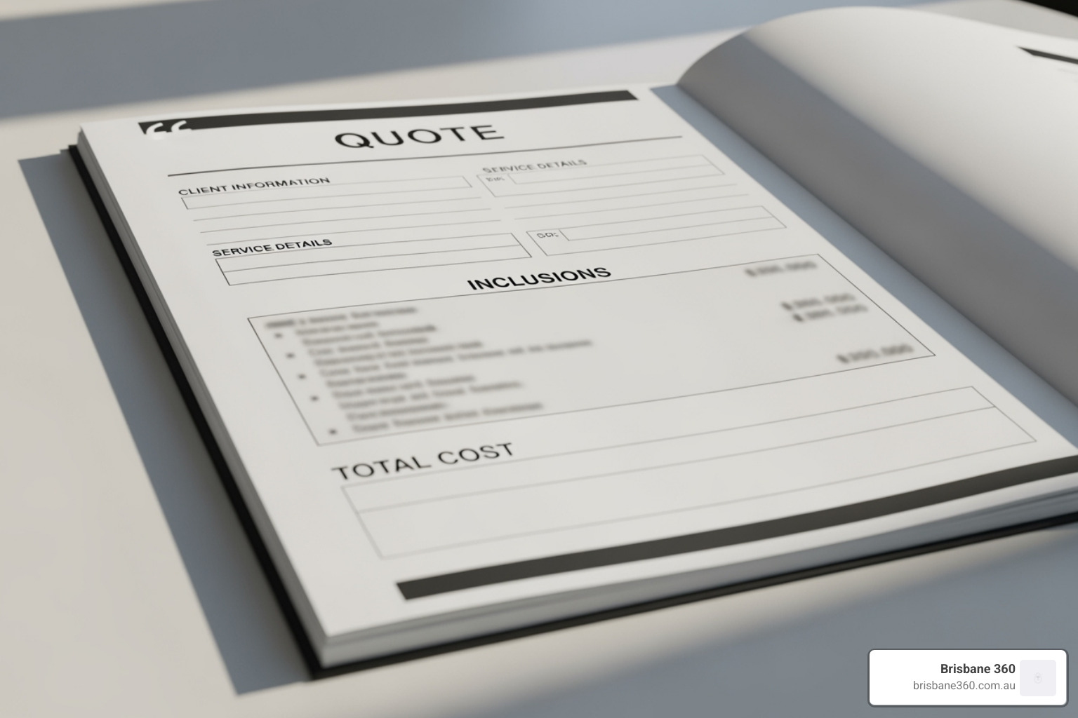 A sample Brisbane 360 quote document, highlighting key sections like 'inclusions' and 'total cost' - South East Queensland bus hire
