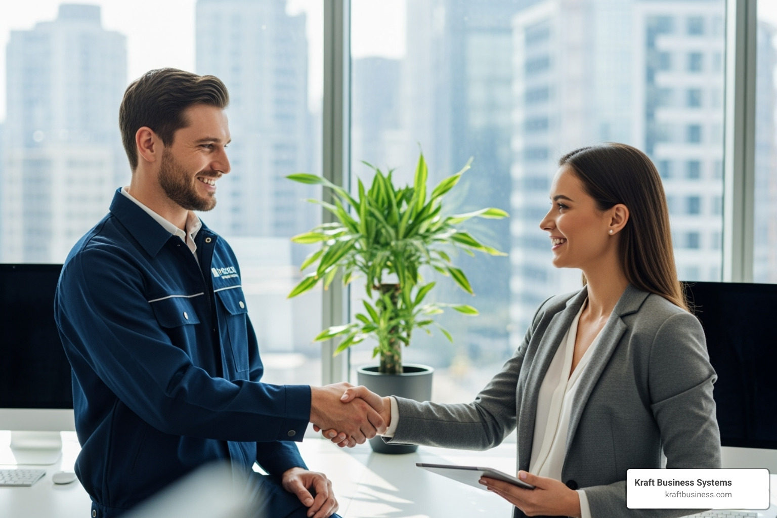 a friendly technician shaking hands with a satisfied office manager - copy machine rentals near me