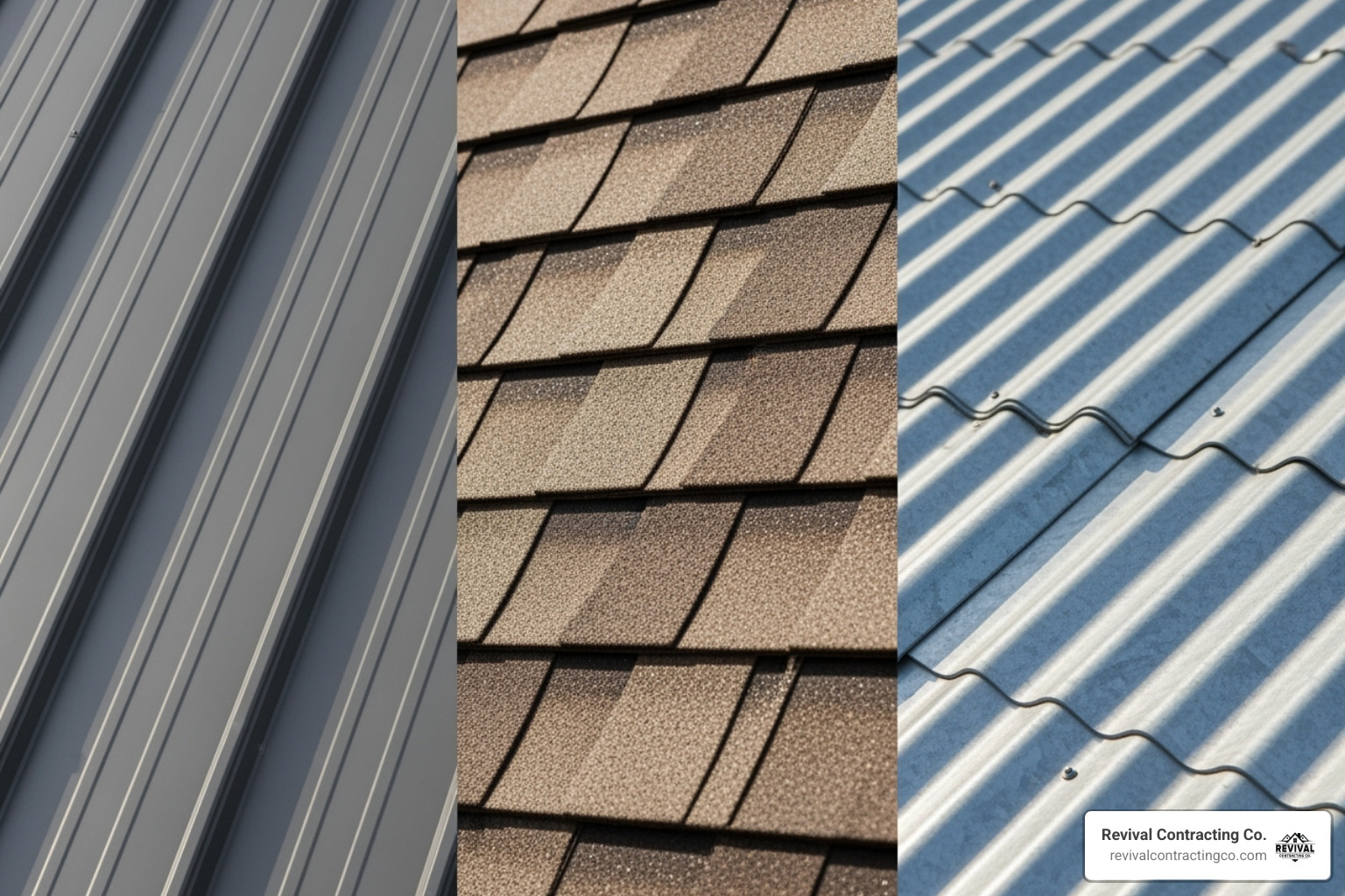 Image showing a comparison of standing seam, metal shingle, and corrugated metal roofing panels - metal roofing Youngstown Ohio