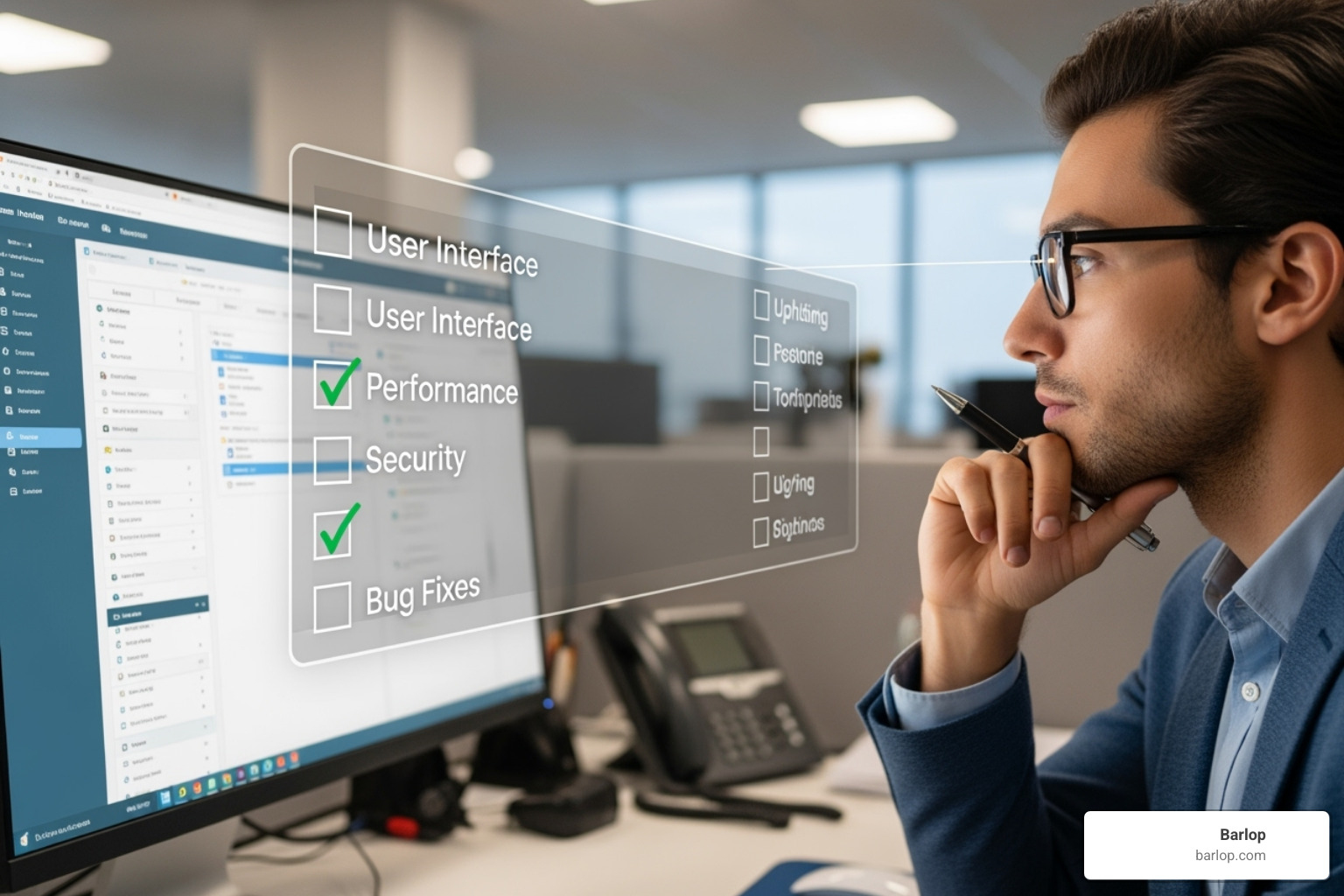 A person evaluating software on a screen with a checklist overlay - company communication solutions