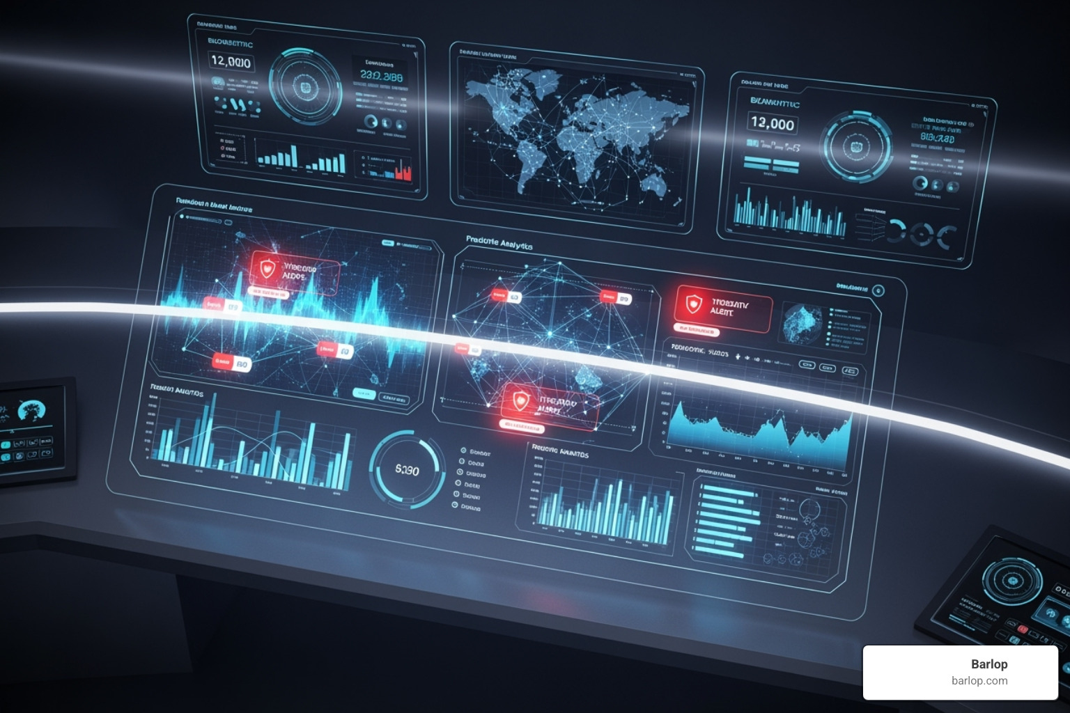 A futuristic dashboard showing AI-powered analytics and security alerts - company communication solutions