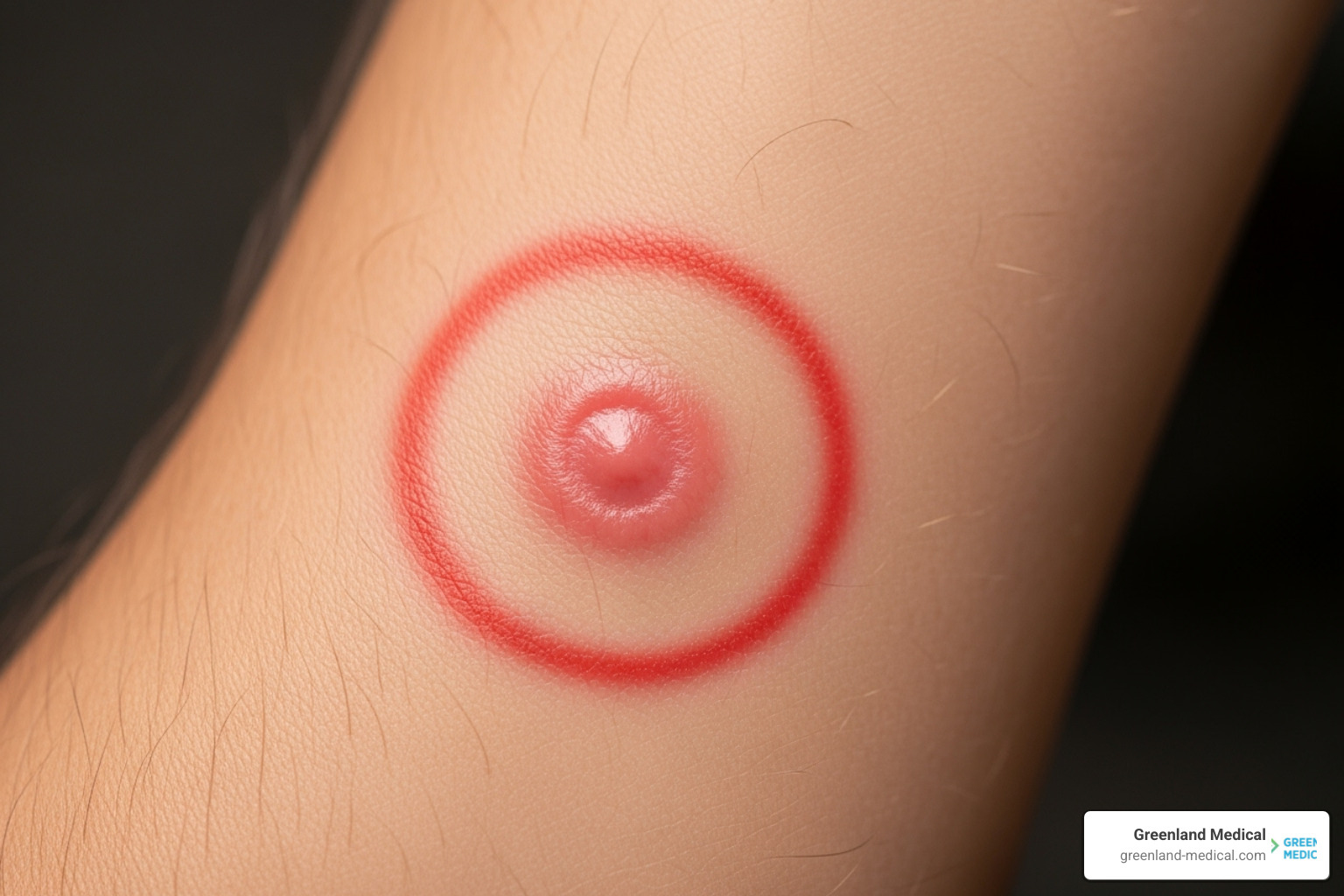 Classic bull's-eye (erythema migrans) rash on arm - what do tick bites look like Classic bull's-eye (erythema migrans) rash on arm - what do tick bites look like