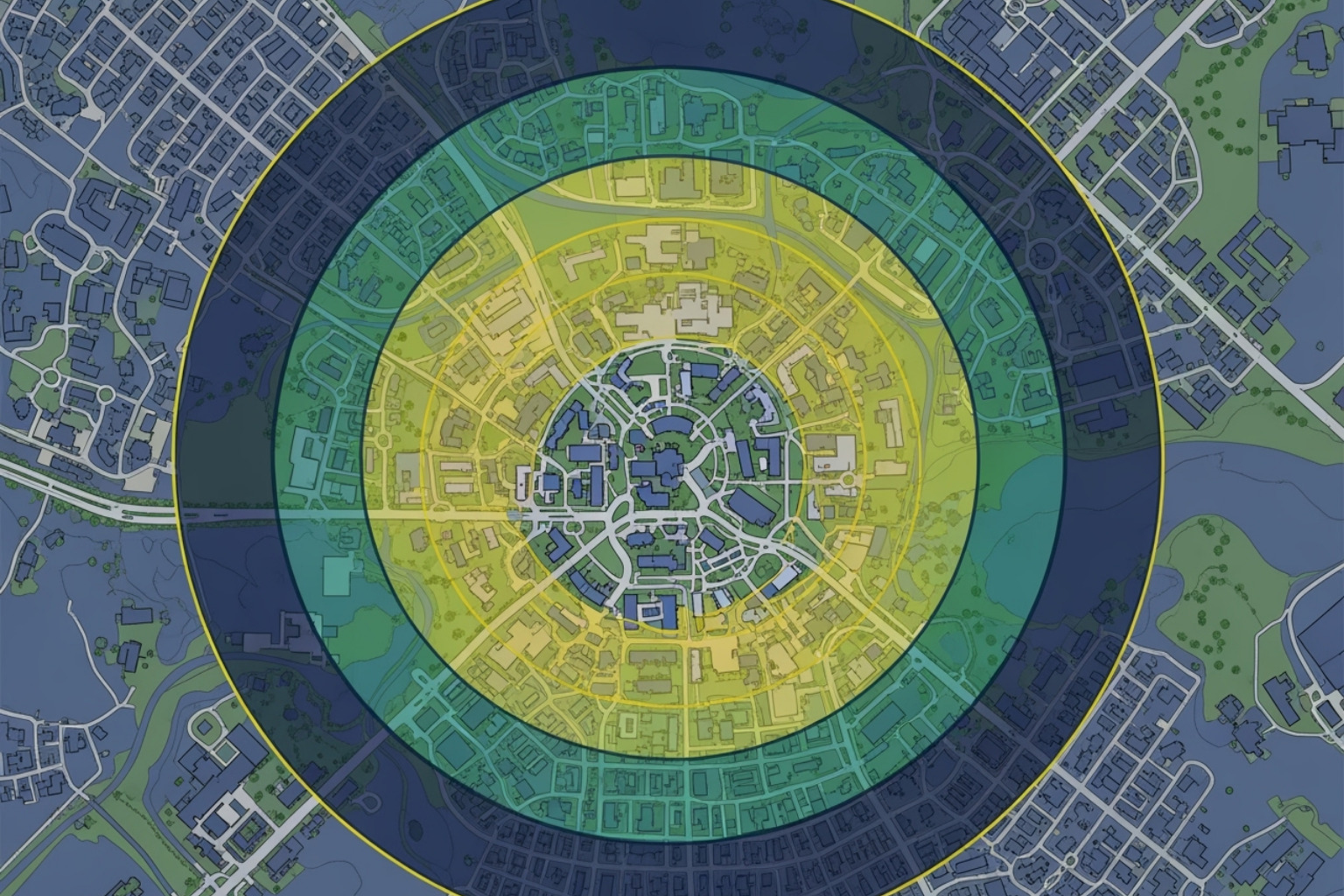 Map showing different price zones around a fictional university campus - Affordable Homes To Rent Near Universities