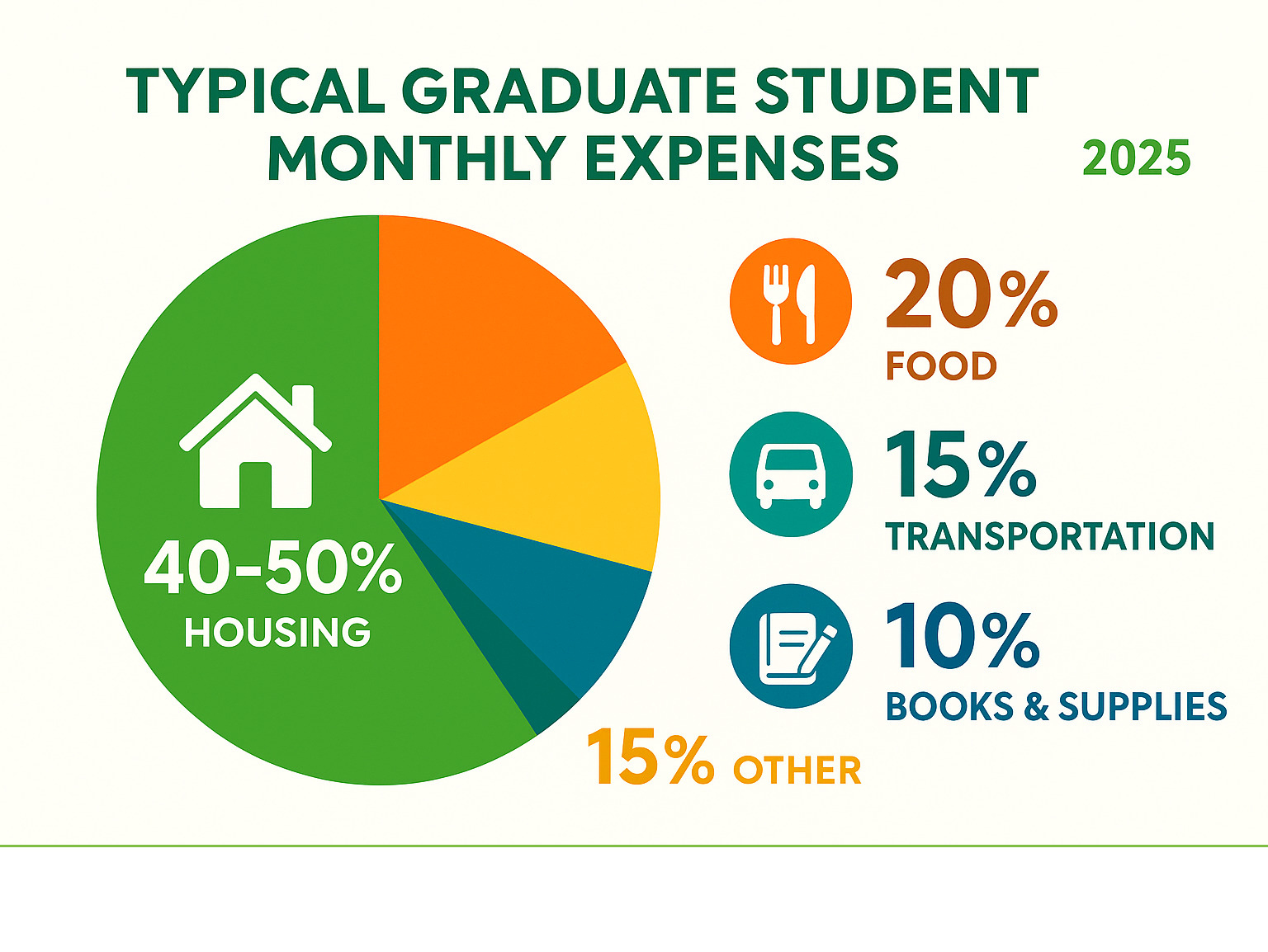 Infographic showing breakdown of typical graduate student monthly expenses with housing taking up 40-50% of budget, followed by food at 20%, transportation at 15%, books and supplies at 10%, and other expenses at 15% - Affordable Homes To Rent Near Universities infographic 