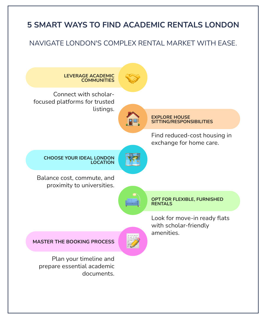 Comprehensive guide showing the 5 smart ways to find academic rentals in London, including community platforms, house sitting opportunities, location selection by zones, furnished rental features, and professional booking strategies with timelines and required documents - academic rentals London infographic infographic-line-5-steps-colors