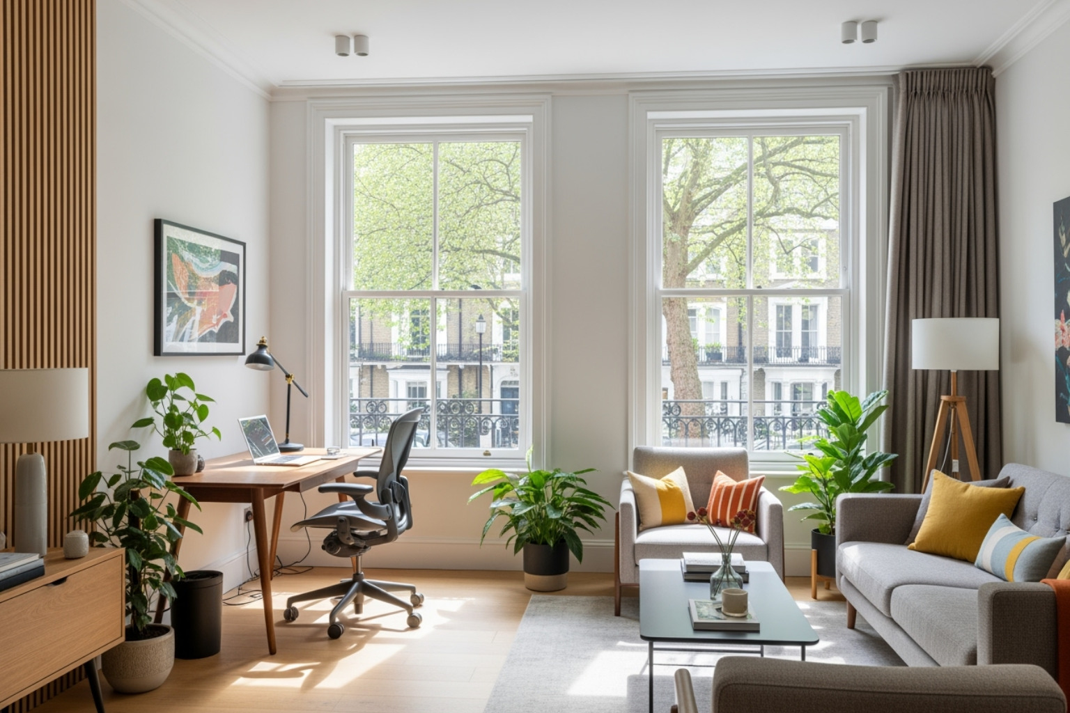 A bright, contemporary furnished flat in London with a dedicated, well-lit workspace, comfortable seating, and a view of a leafy street - academic rentals London