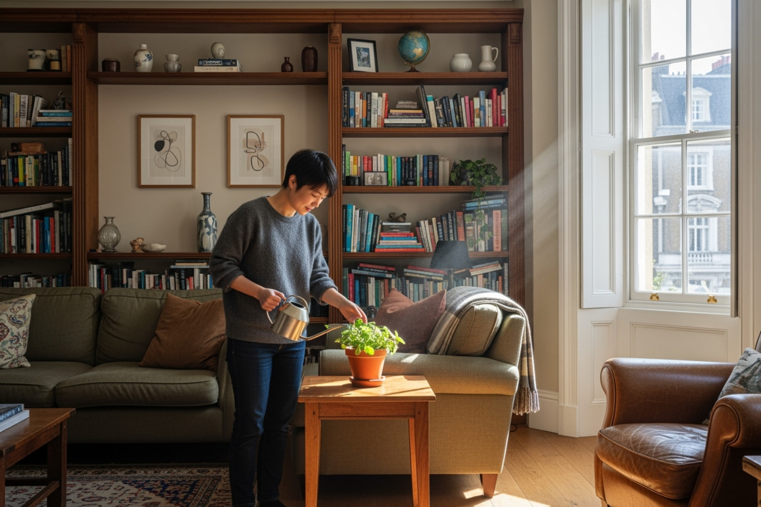 A scholar gently watering plants in a bright, inviting London home, showcasing the lived-in, cared-for aspect of a house sitting arrangement - academic rentals London