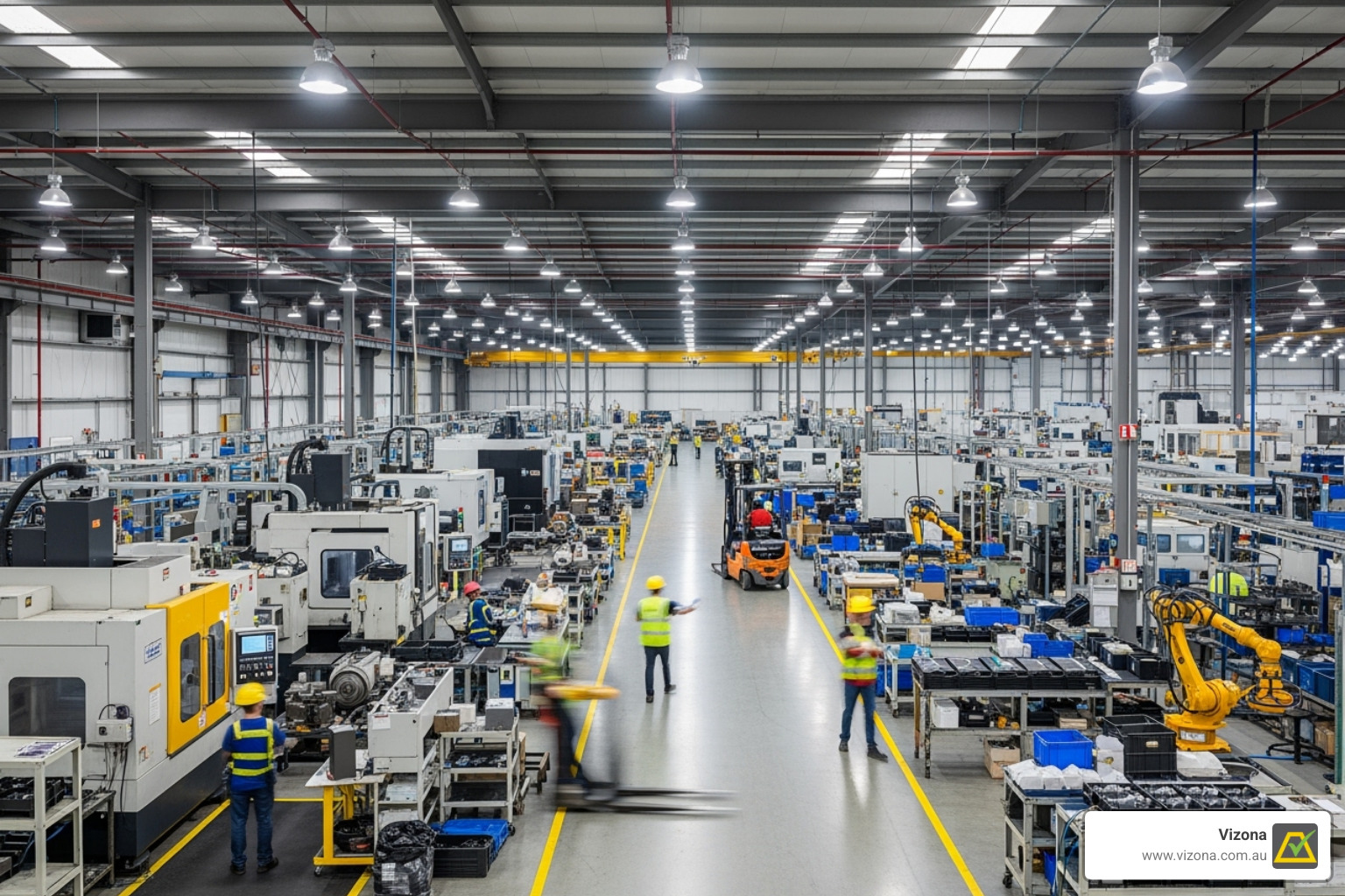 Stratos HB Series highbay lights providing bright, uniform illumination in a busy factory setting - Highbay Lights for Industrial and Commercial Use