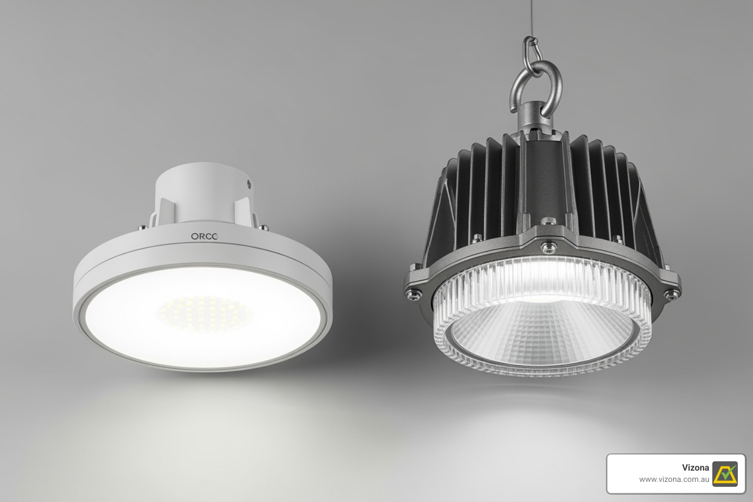 A side-by-side comparison of the sleek Stratos HB Series and the robust Robus HB Series highbay lights - Highbay Lights for Industrial and Commercial Use