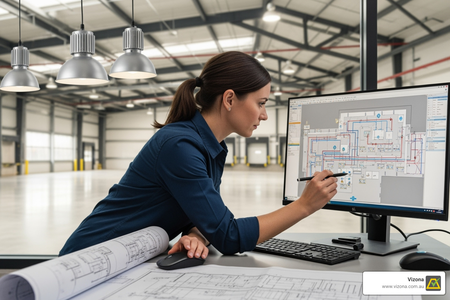 A lighting designer carefully planning a highbay lighting layout for a large industrial space - Highbay Lights for Industrial and Commercial Use