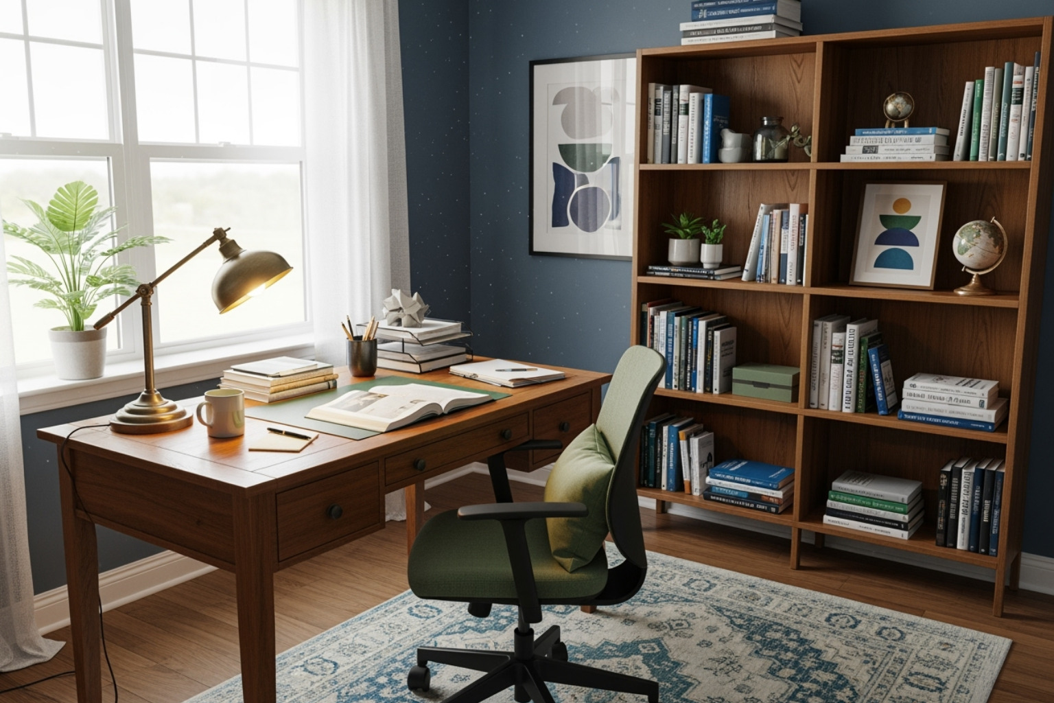 A cozy home office space within a furnished rental, featuring a comfortable chair, a well-lit desk, and bookshelves filled with books, suggesting an ideal environment for academic work - Furnished homes Los Angeles