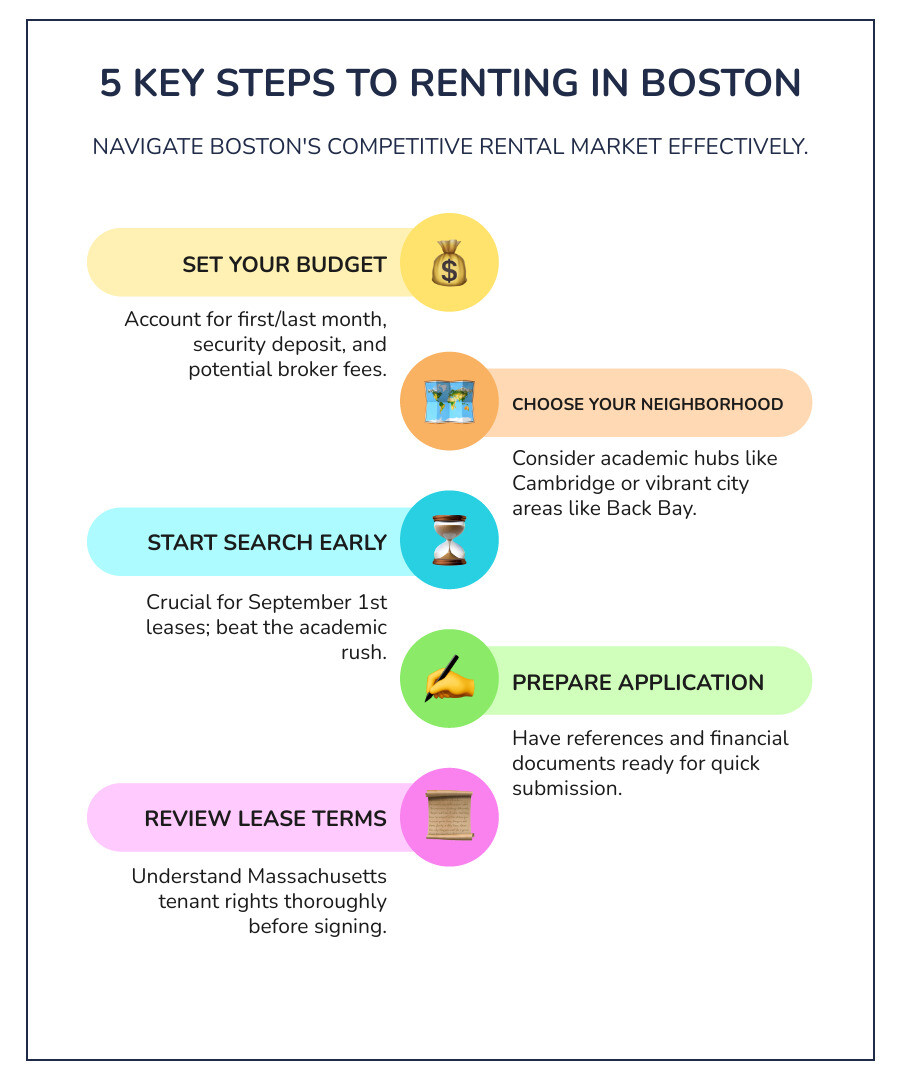 Detailed infographic showing the 5 key steps to renting a house in Boston: 1) Set your budget (include first/last/security deposit), 2) Choose your neighborhood (Cambridge for universities, Back Bay for city life), 3) Start searching early (especially for September leases), 4) Prepare application materials (references, financial documents), 5) Review lease terms carefully (understand Massachusetts tenant rights) - house to let boston infographic infographic-line-5-steps-colors