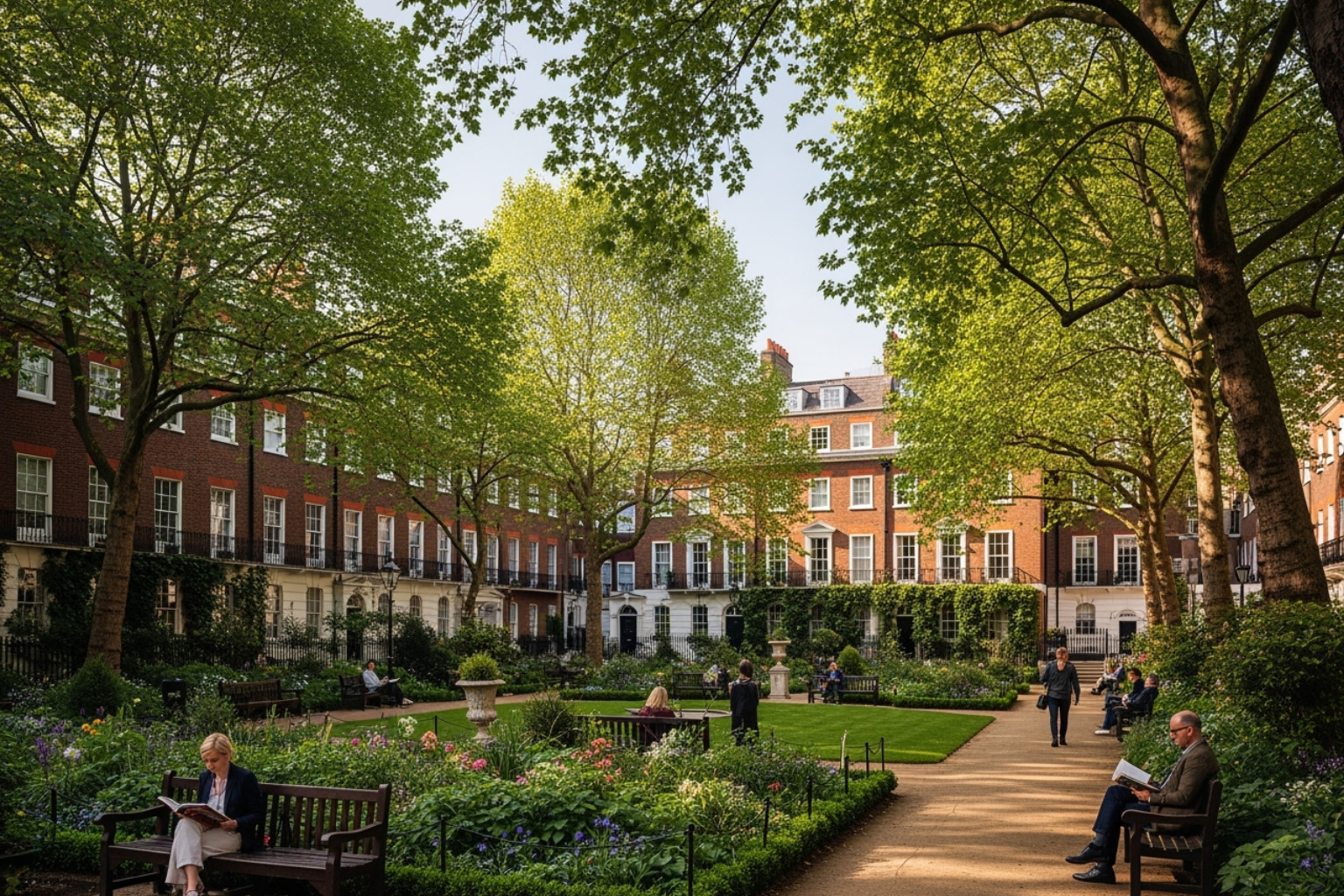 A leafy, academic-feeling square in Bloomsbury, London - university housing London