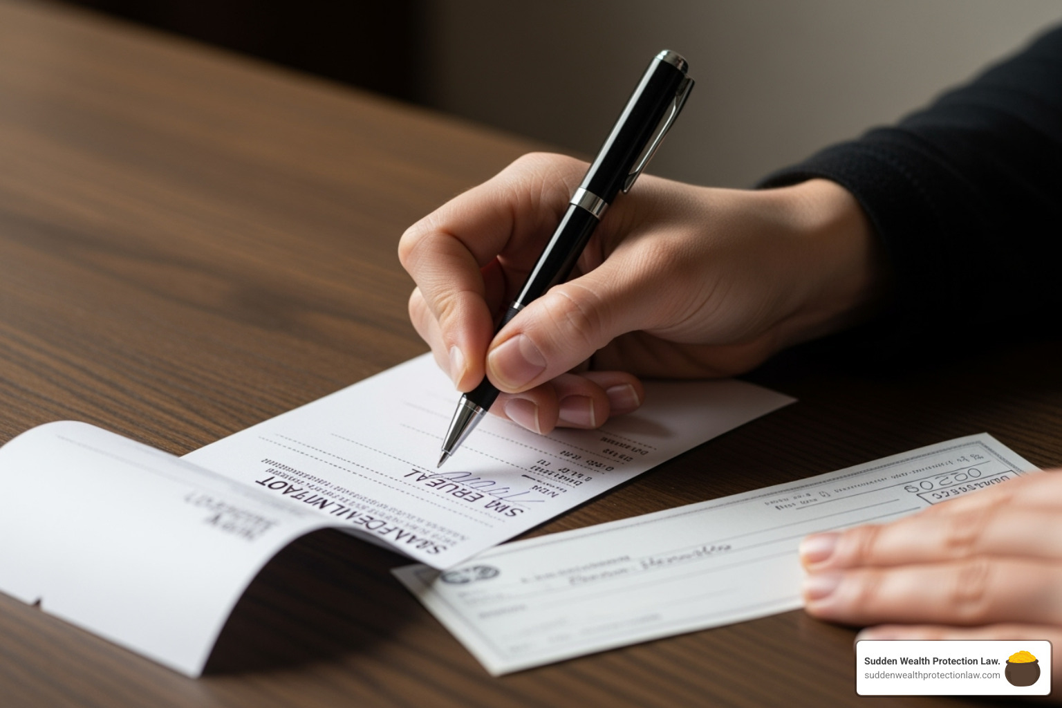 A person signing a receipt for an inheritance check - living trust administration A person signing a receipt for an inheritance check - living trust administration