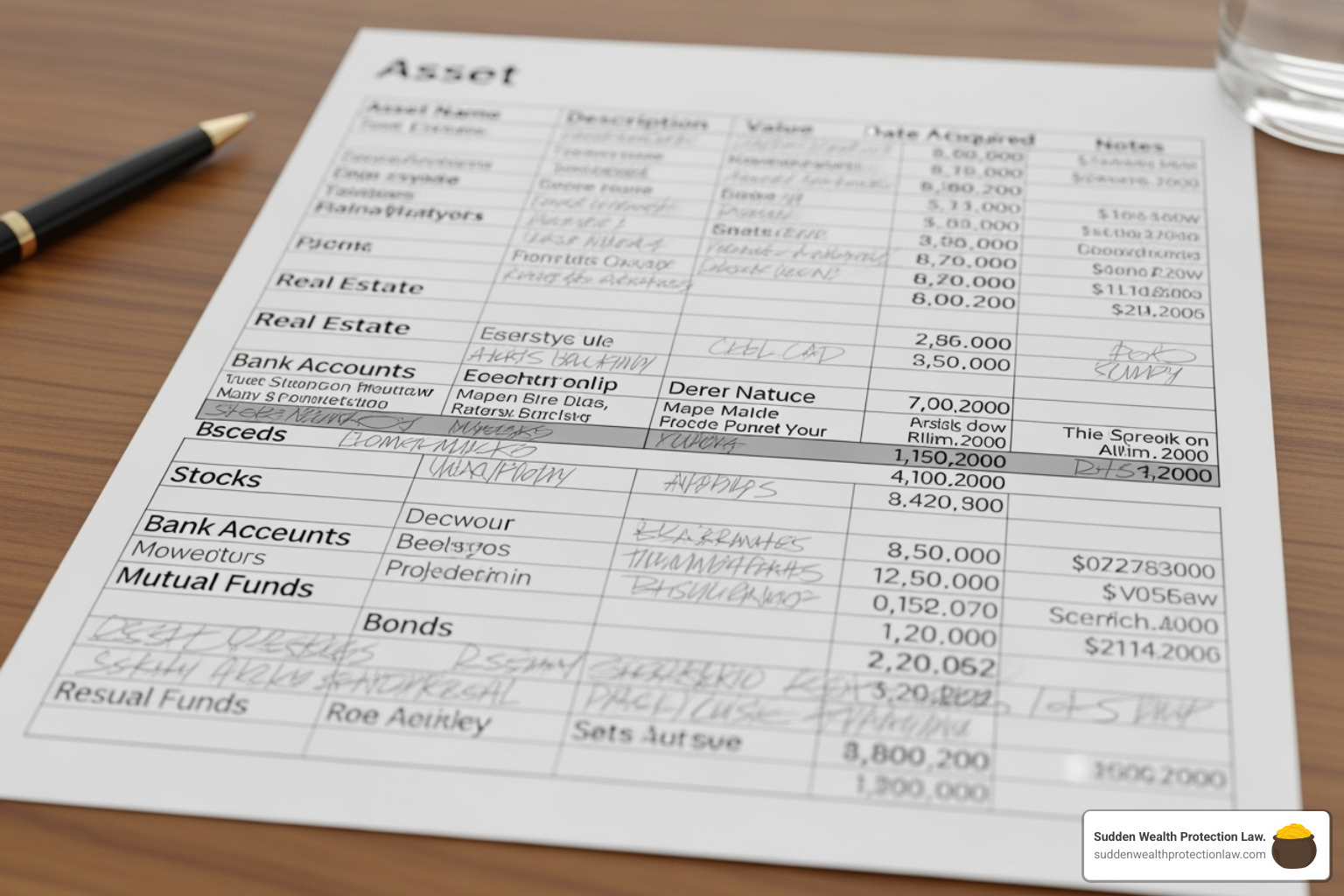 A spreadsheet or ledger tracking various assets like property, bank accounts, and stocks - living trust administration A spreadsheet or ledger tracking various assets like property, bank accounts, and stocks - living trust administration
