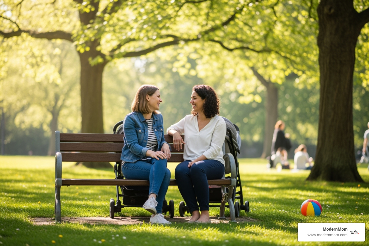 two moms talking and laughing on a park bench - develop coping skills