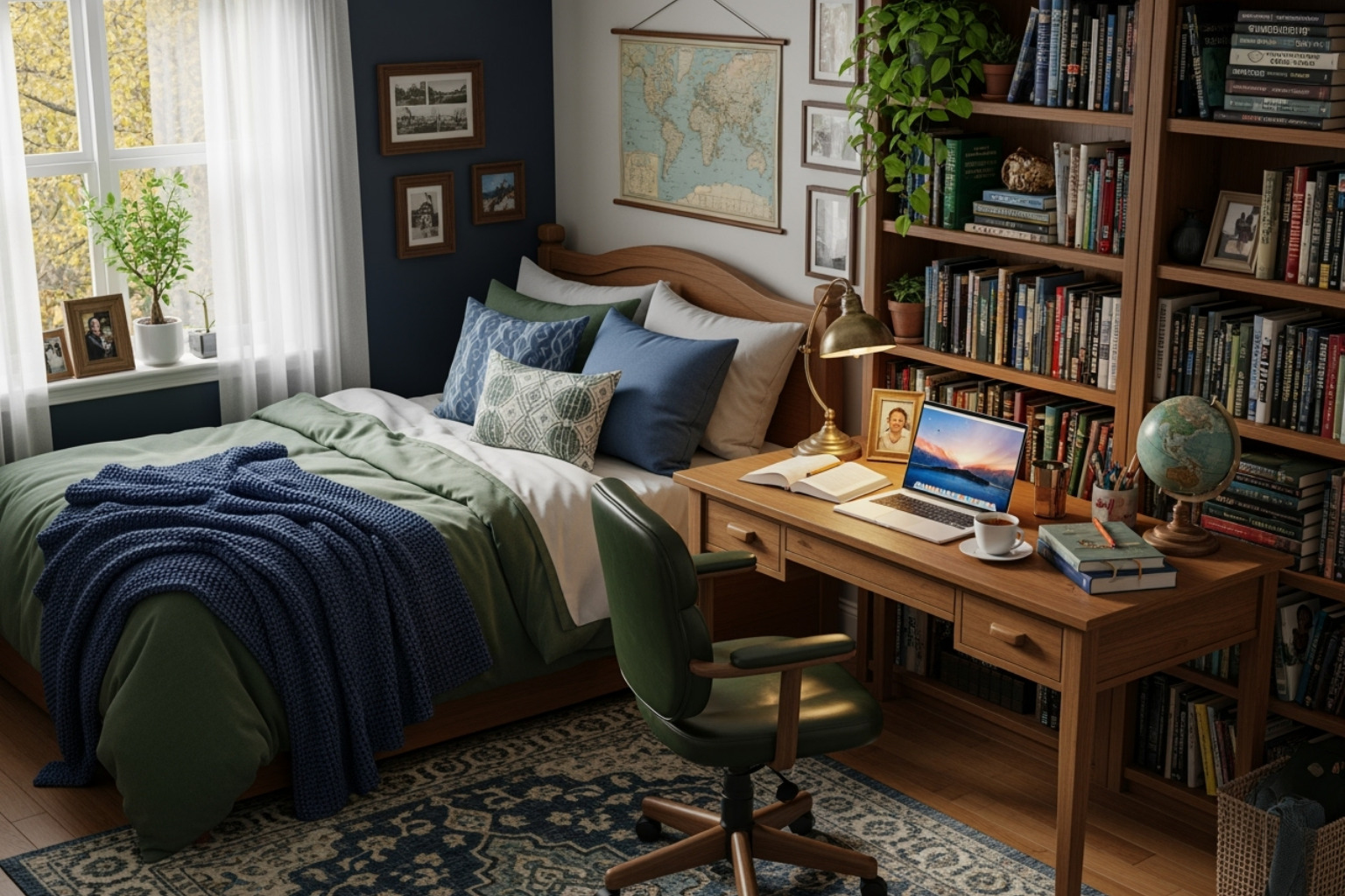 A cozy furnished bedroom with a comfortable bed, a desk for academic work, and a bookshelf filled with books, reflecting an academic lifestyle in navy blue and green hues. - furnished 1 bed flat to rent A cozy furnished bedroom with a comfortable bed, a desk for academic work, and a bookshelf filled with books, reflecting an academic lifestyle in navy blue and green hues. - furnished 1 bed flat to rent