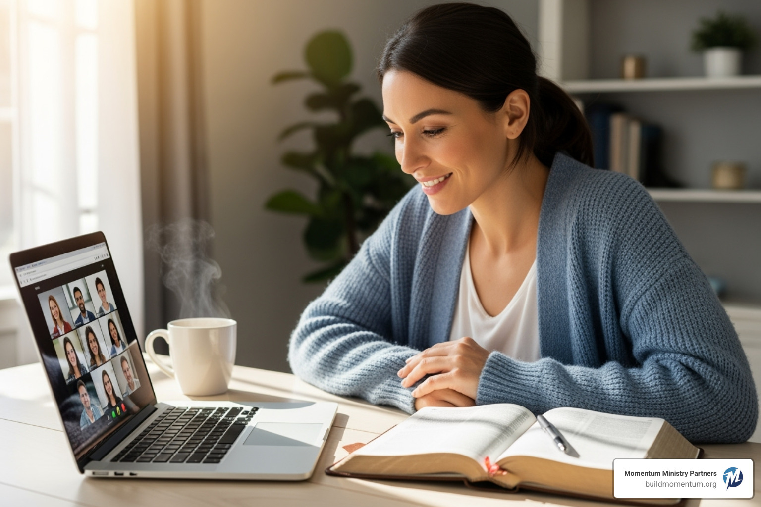 A woman using a laptop and a Bible for an online study. - bible study for women