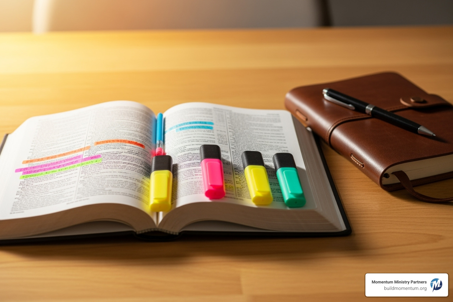 A Bible open on a table with colorful highlighters, a journal, and a pen. - bible study for women