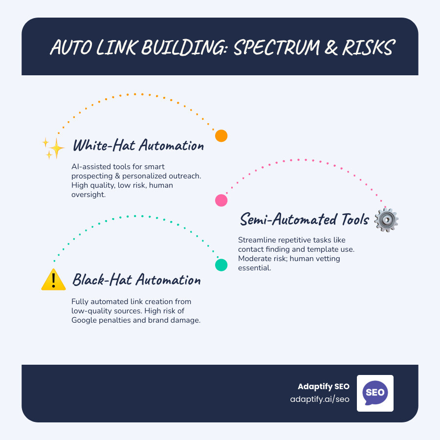 Infographic showing the spectrum of link building automation from white-hat AI-assisted prospecting and personalized outreach tools on the left, through semi-automated platforms in the middle, to dangerous black-hat automated link generators and spam tools on the right, with risk levels and quality indicators for each category - auto link building infographic infographic-line-3-steps-blues-accent_colors