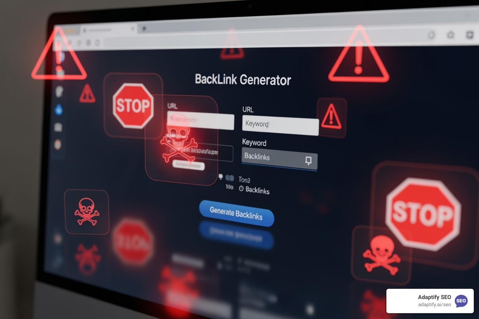 Computer screen showing a backlink generator tool with red flags and warning icons around it - youtube backlink generator is safe