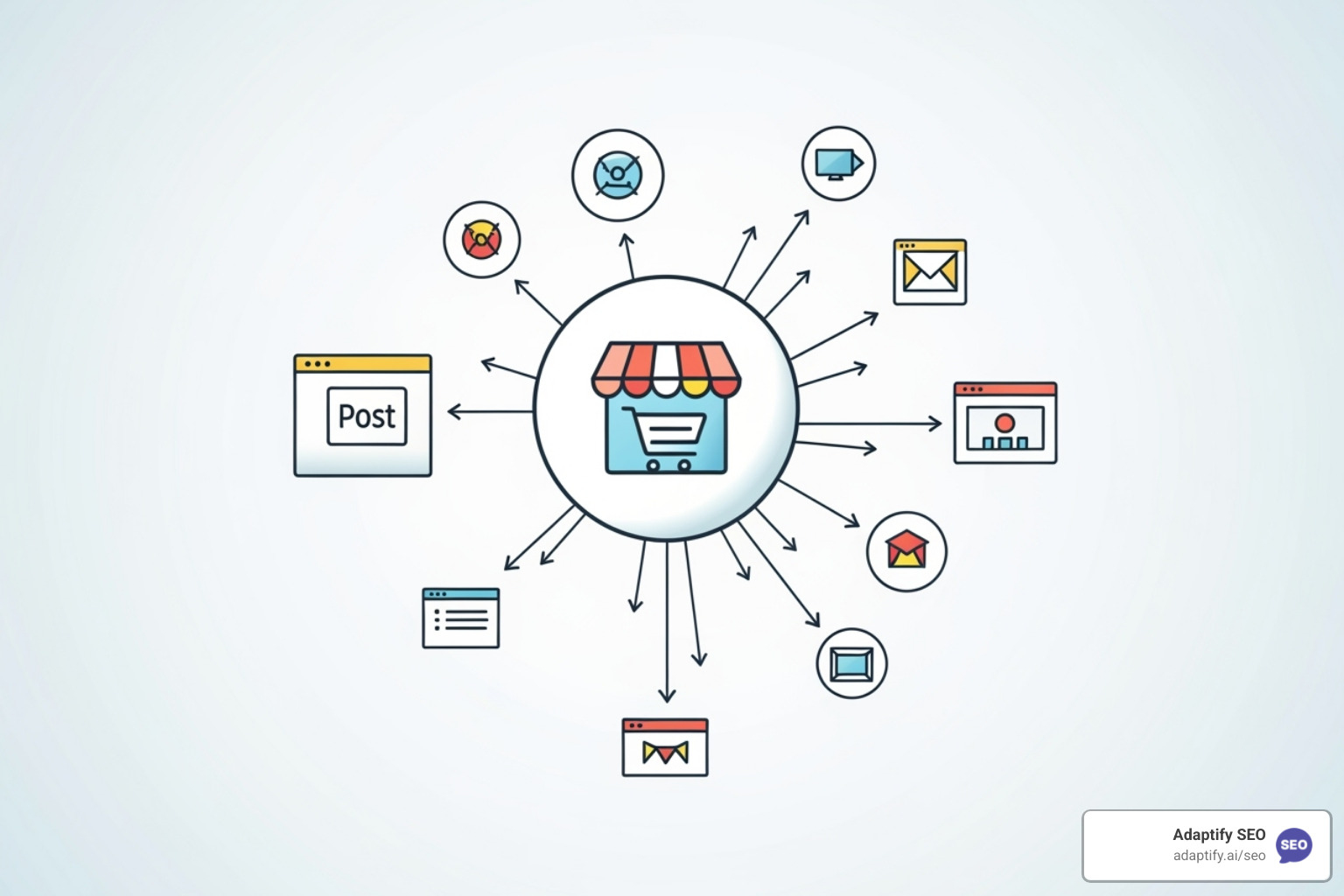 A network diagram showing various websites linking to a central e-commerce site, illustrating the concept of backlinks and their role in establishing online authority. - e commerce seo company