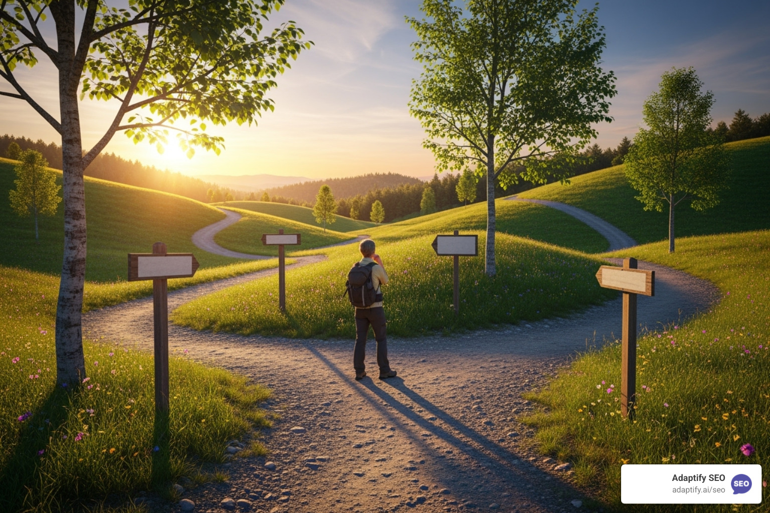 A person stands at a crossroads, with signs pointing to "Goals," "Budget," and "Expertise," symbolizing the decision-making process when choosing an SEO agency. - e commerce seo company