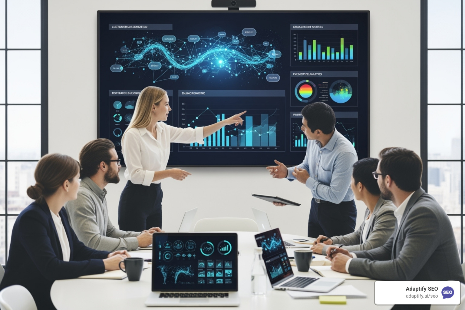 A diverse team of marketers collaborating around a table with AI-driven data visualizations on a large screen - Content strategy AI
