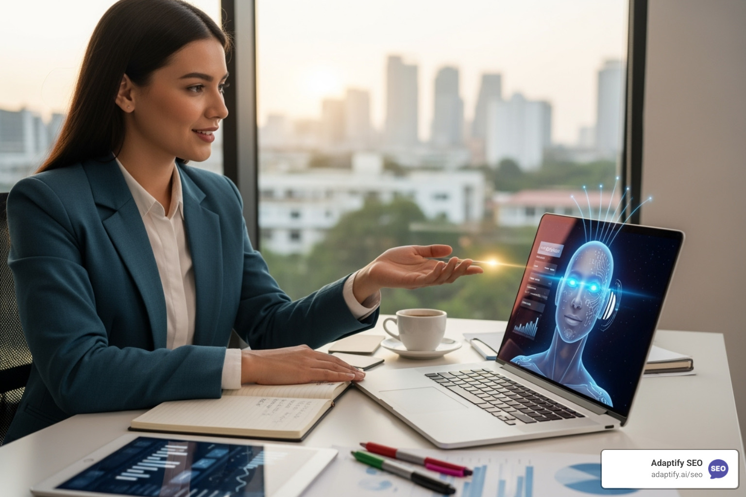 A marketer collaborating with an AI assistant on a computer screen - Content strategy AI