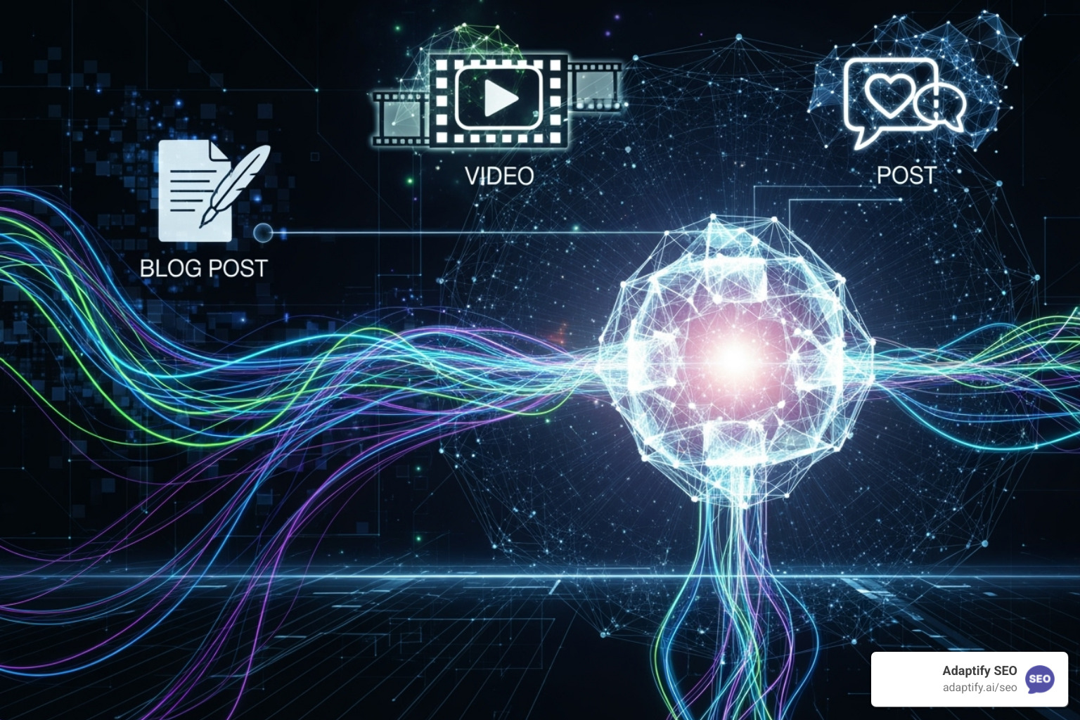 Various content types (blog post, video, social media post) being generated by an AI - Content strategy AI
