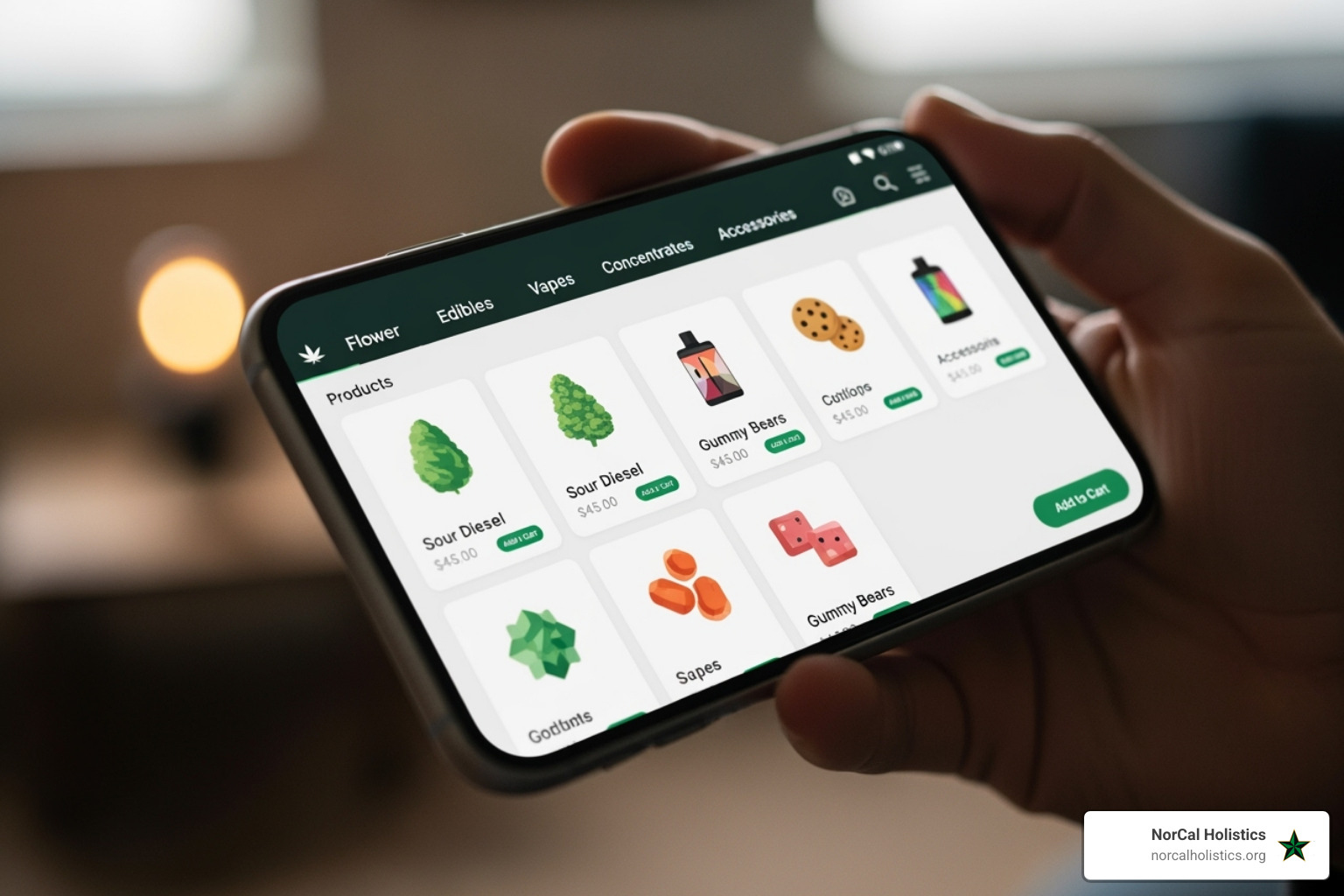 A smartphone screen showing NorCal Holistics' easy-to-steer online cannabis menu - fast cannabis delivery