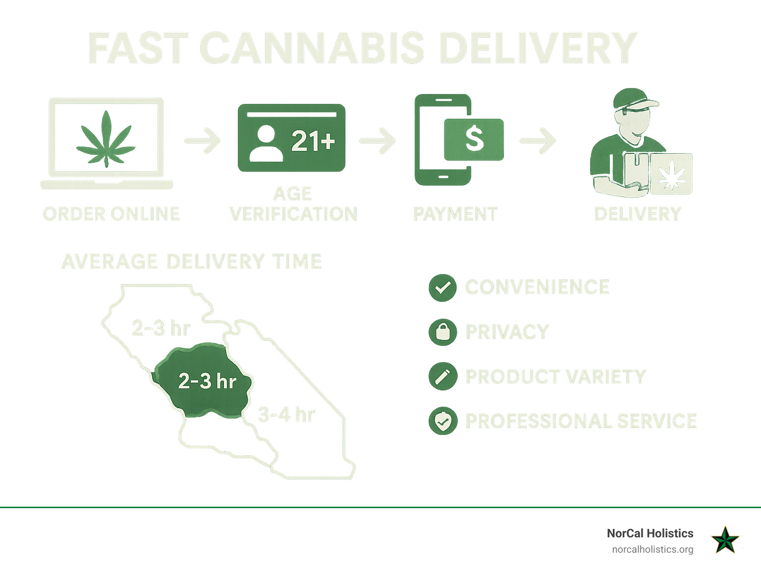 Infographic showing the complete fast cannabis delivery process from online ordering to doorstep delivery, including average delivery times by service area, required age verification steps, payment methods accepted, and key benefits like convenience, privacy, product variety, and professional service - fast cannabis delivery infographic 