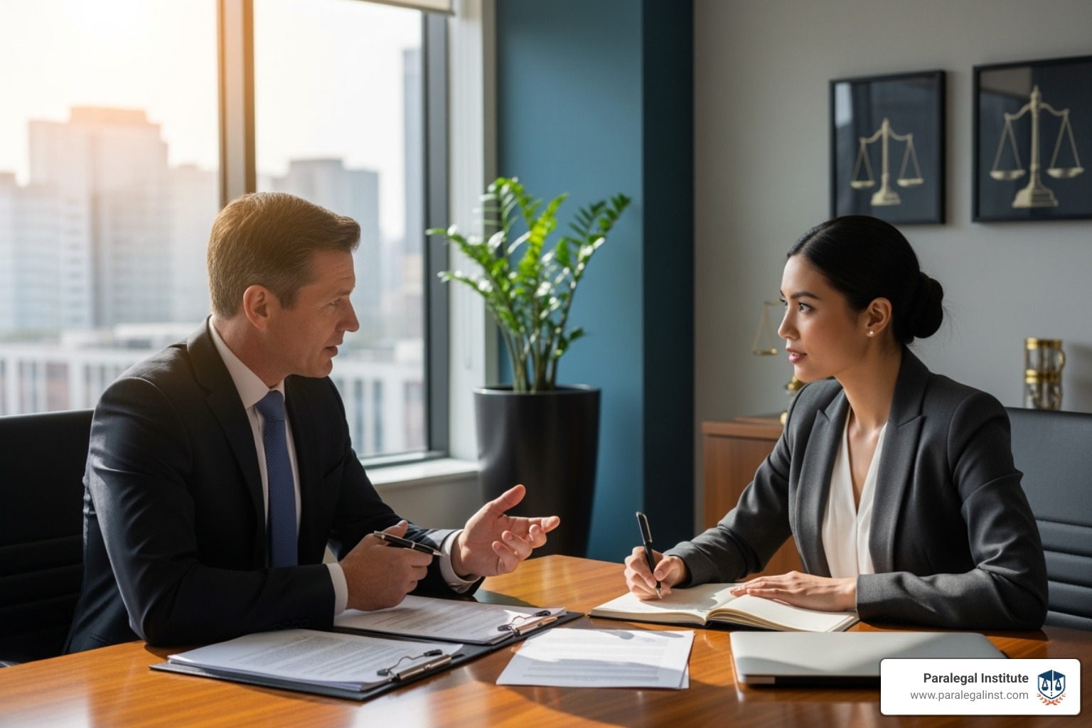 two legal professionals having a productive meeting in an office - paralegal manager jobs
