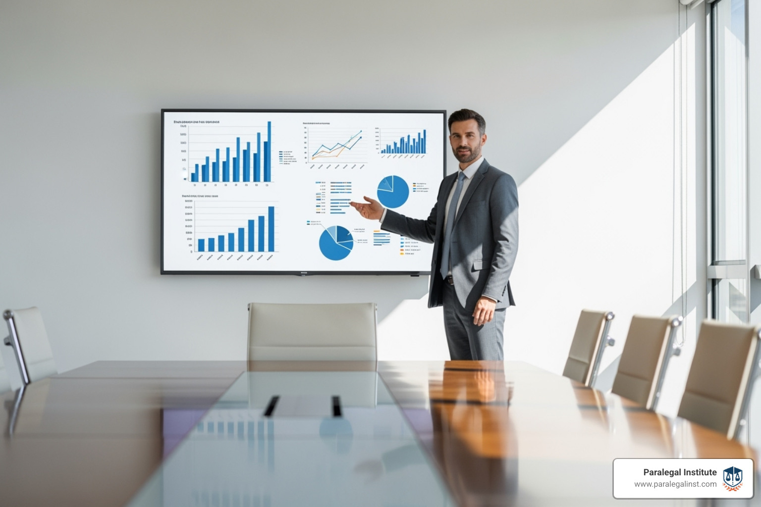 manager leading a presentation with charts and graphs - paralegal manager jobs