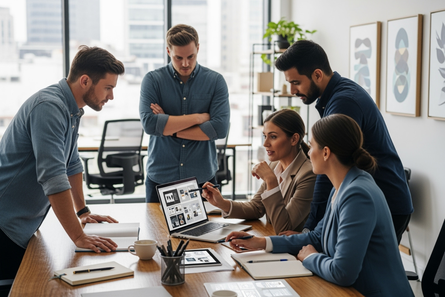 Business owner reviewing a portfolio with a web design agency team - website designing seo company