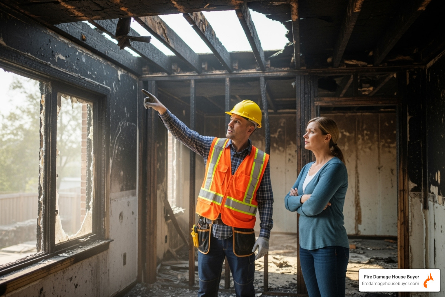 contractor assessing structural damage with a homeowner - cost to repair fire damaged house