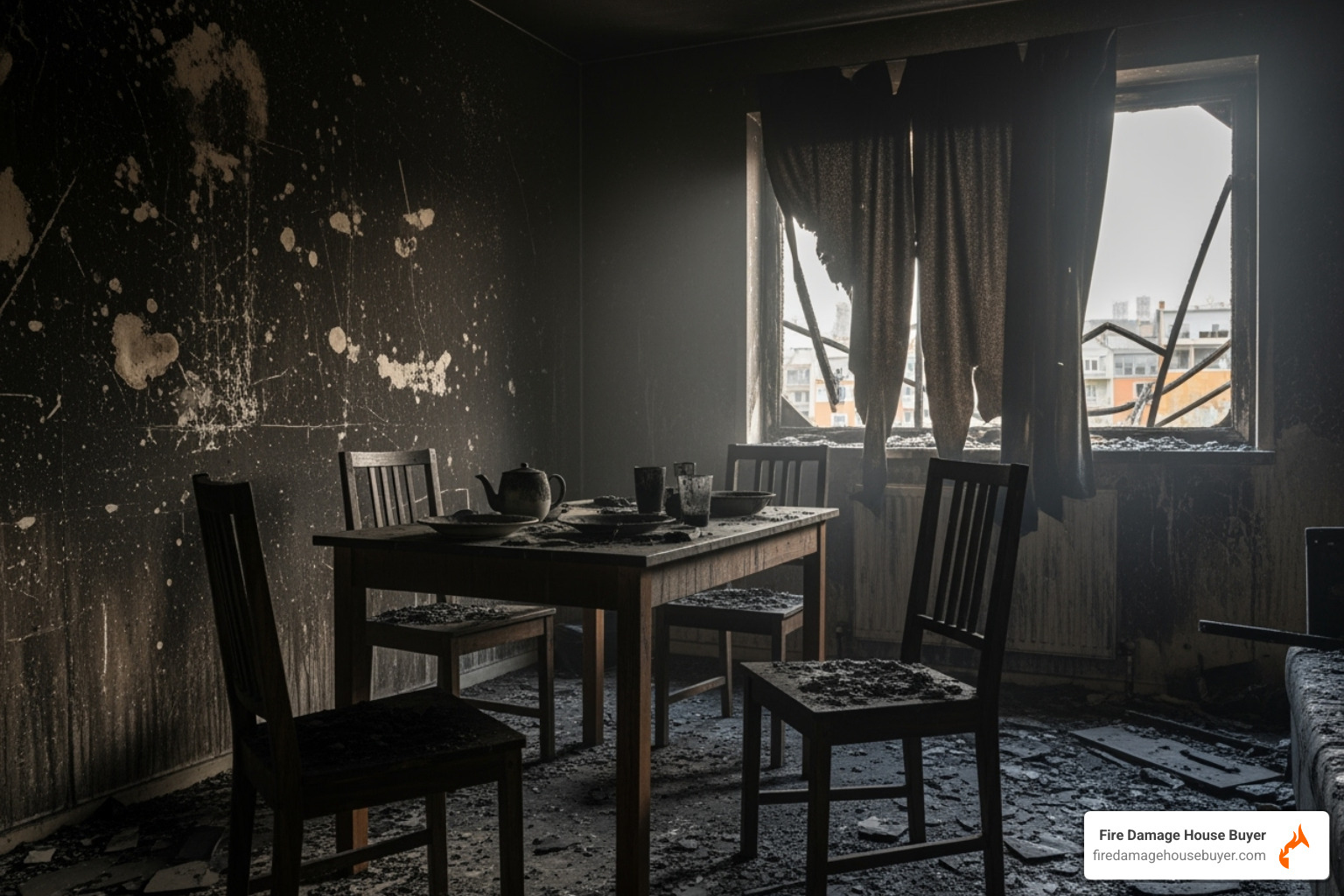 soot-covered walls and furniture - cost to repair fire damaged house