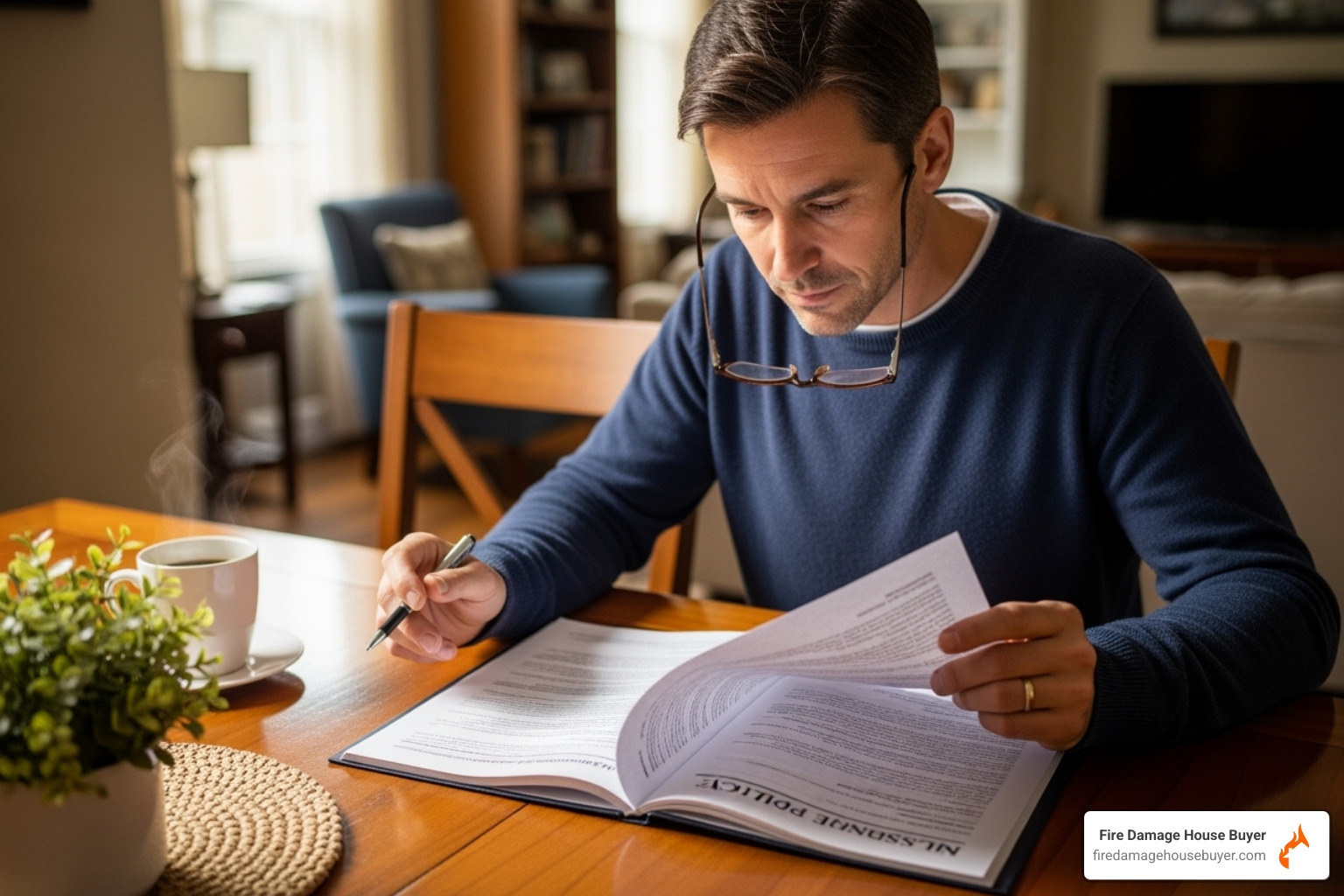 homeowner reviewing an insurance policy document - cost to repair fire damaged house