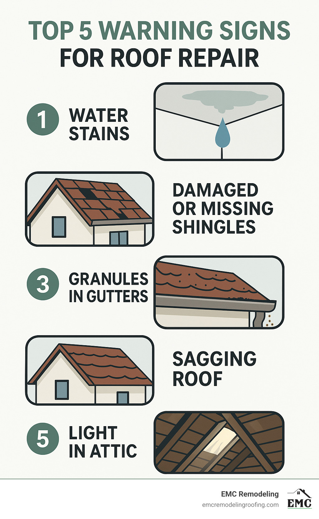Comprehensive infographic showing the top 5 warning signs that indicate immediate roof repair needs: water stains on interior ceilings, damaged or missing shingles on the roof surface, granules accumulating in gutters and downspouts, visible sagging in the roof deck structure, and light penetrating through the attic space - roof repair infographic 
