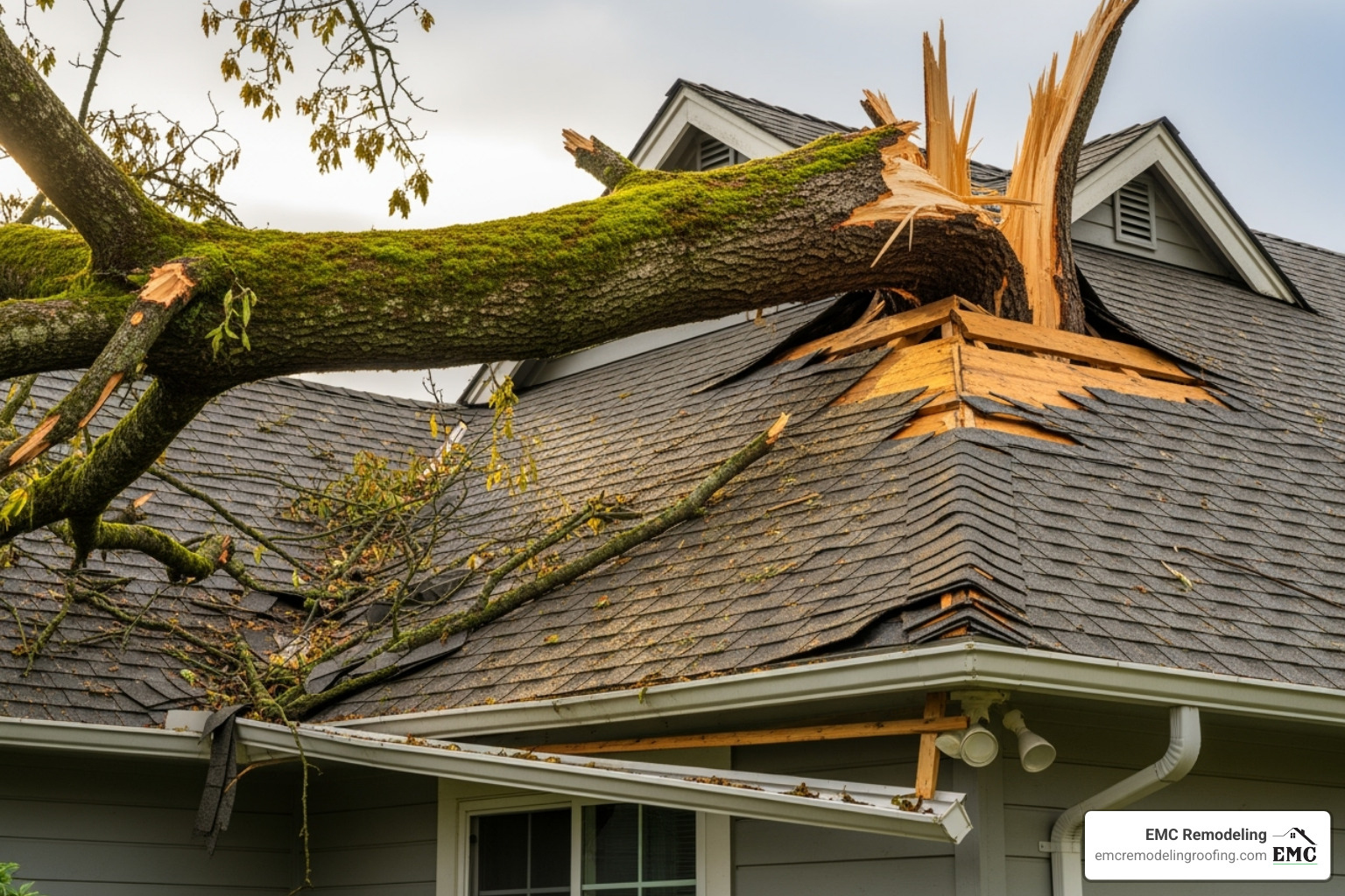 large tree branch on roof - 24/7 emergency services