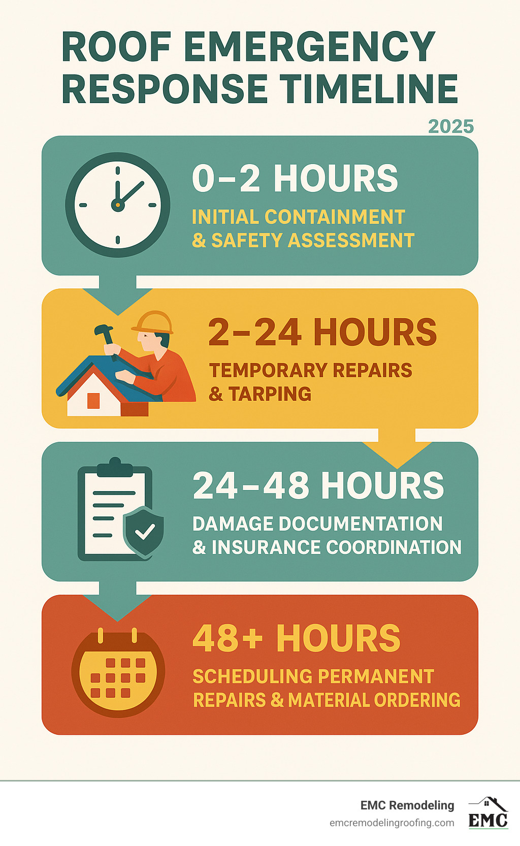 Infographic showing the critical timeline of roof emergency response: 0-2 hours for initial containment and safety assessment, 2-24 hours for temporary repairs and tarping, 24-48 hours for damage documentation and insurance coordination, and 48+ hours for scheduling permanent repairs and material ordering - 24/7 emergency services infographic 