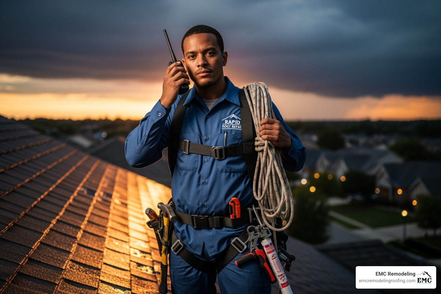 professional roofer in uniform - 24/7 emergency services
