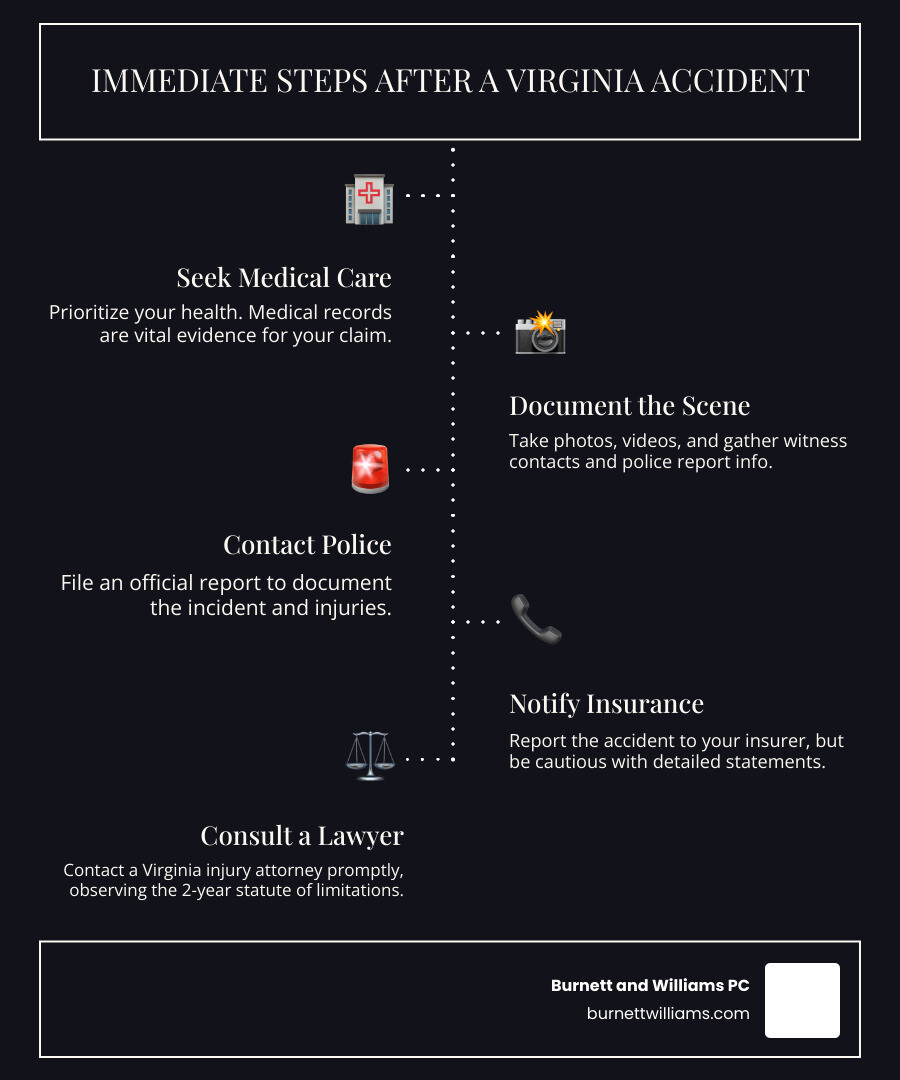 Personal Injury Case Timeline in Virginia showing immediate steps after an accident: seek medical attention, document the scene, contact police, notify insurance, and consult with an experienced Virginia injury lawyer within the two-year statute of limitations deadline - Culpeper Injury Lawyer infographic infographic-line-5-steps-dark Personal Injury Case Timeline in Virginia showing immediate steps after an accident: seek medical attention, document the scene, contact police, notify insurance, and consult with an experienced Virginia injury lawyer within the two-year statute of limitations deadline - Culpeper Injury Lawyer infographic infographic-line-5-steps-dark