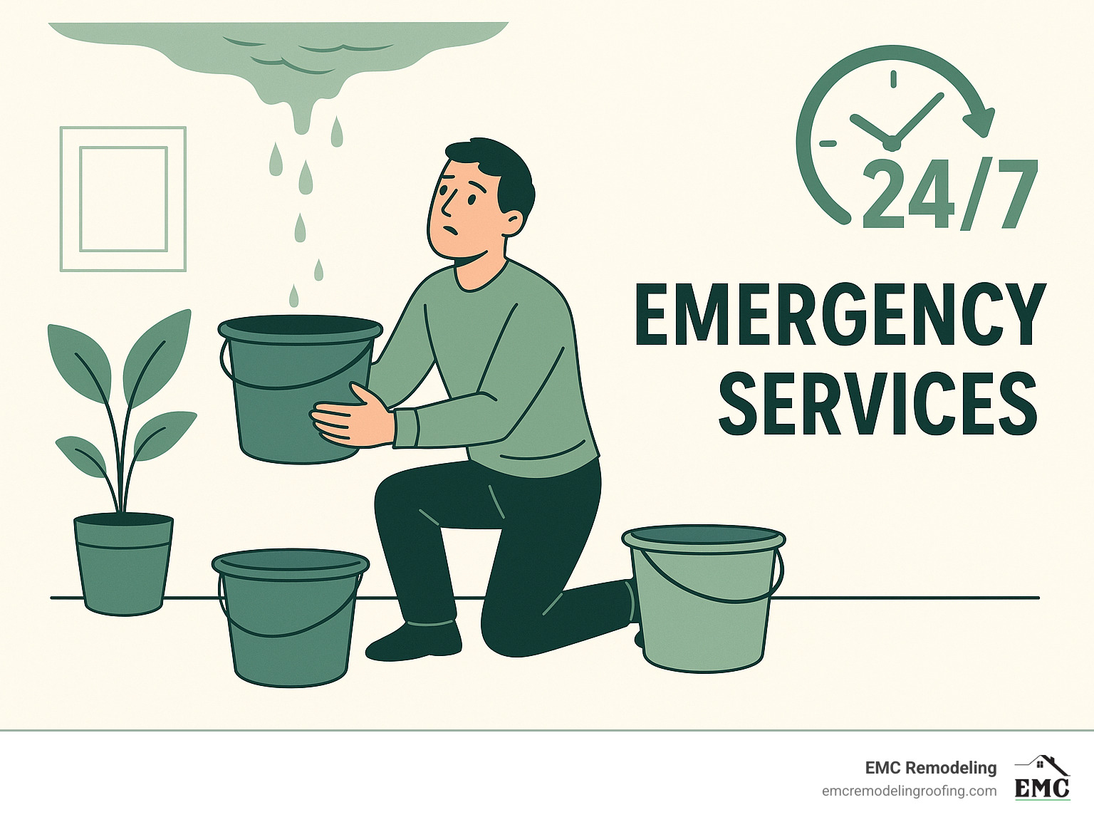 homeowner safely placing buckets under a ceiling leak - 24/7 emergency services