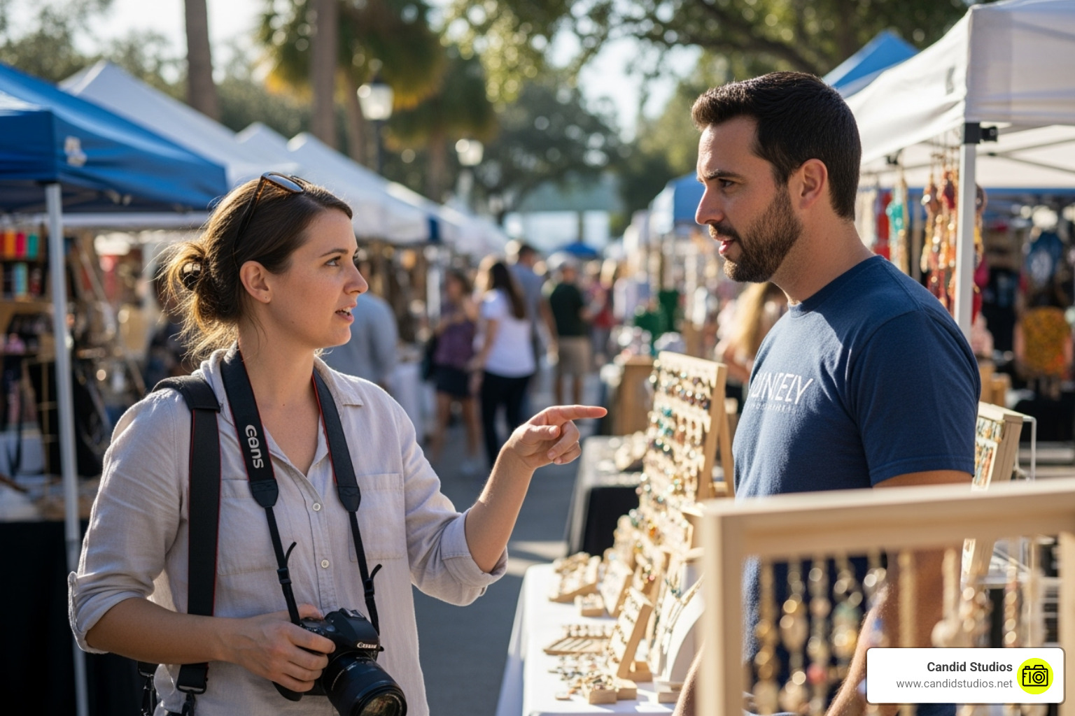 A photographer collaborating with a local small business owner at a vibrant Tampa market, discussing product placement for a shoot - Tampa product photographer A photographer collaborating with a local small business owner at a vibrant Tampa market, discussing product placement for a shoot - Tampa product photographer