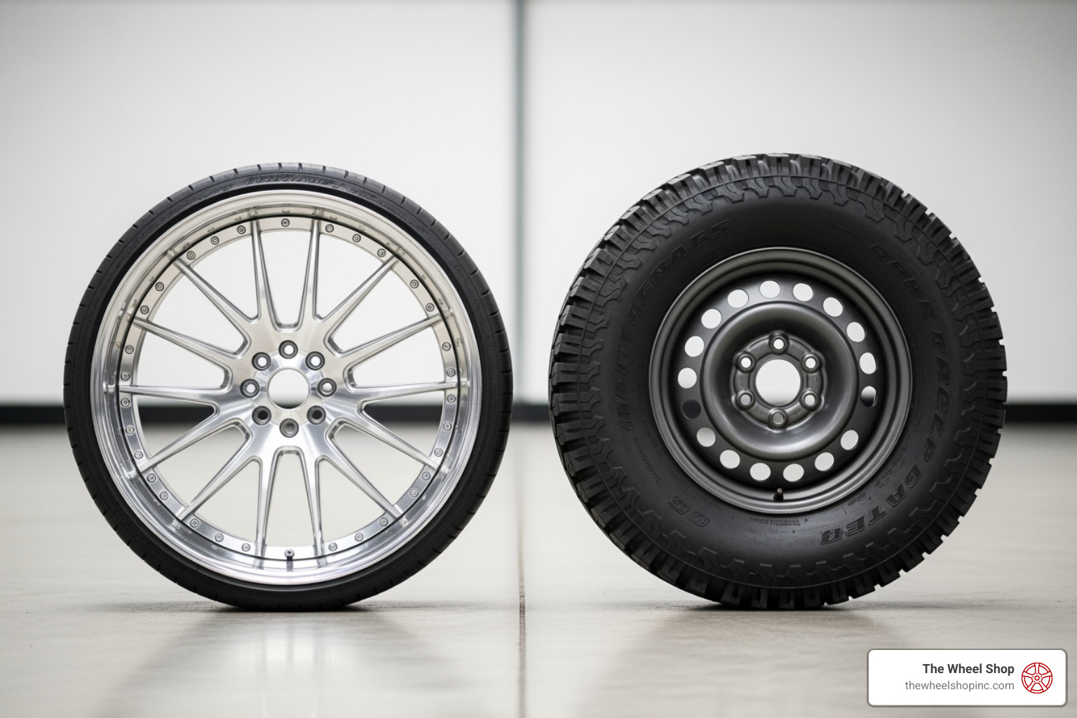 comparing a large wheel with a low-profile tire next to a smaller wheel with a high-sidewall tire - How Wheel Size Impacts Ride Quality, Handling, and Fuel Economy