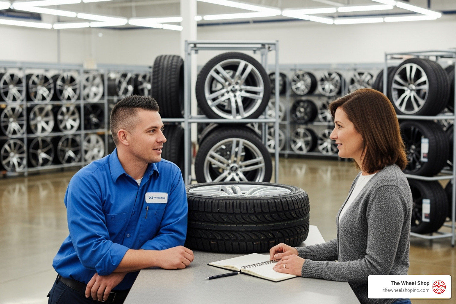 customer consulting with a technician in a wheel shop - How Wheel Size Impacts Ride Quality, Handling, and Fuel Economy